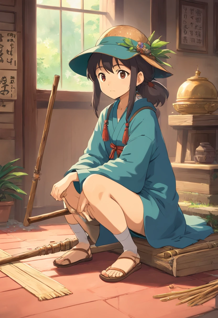 anime character with a stick and a hat sitting on a floor, am a naranbaatar ganbold, sage ( valorant ), akiyuki shinbou, otaku gangasta, as a dnd character, 2 d anime style, akira from chinese mythology, studio ghibly style mononoke, 2 d art, 2d art