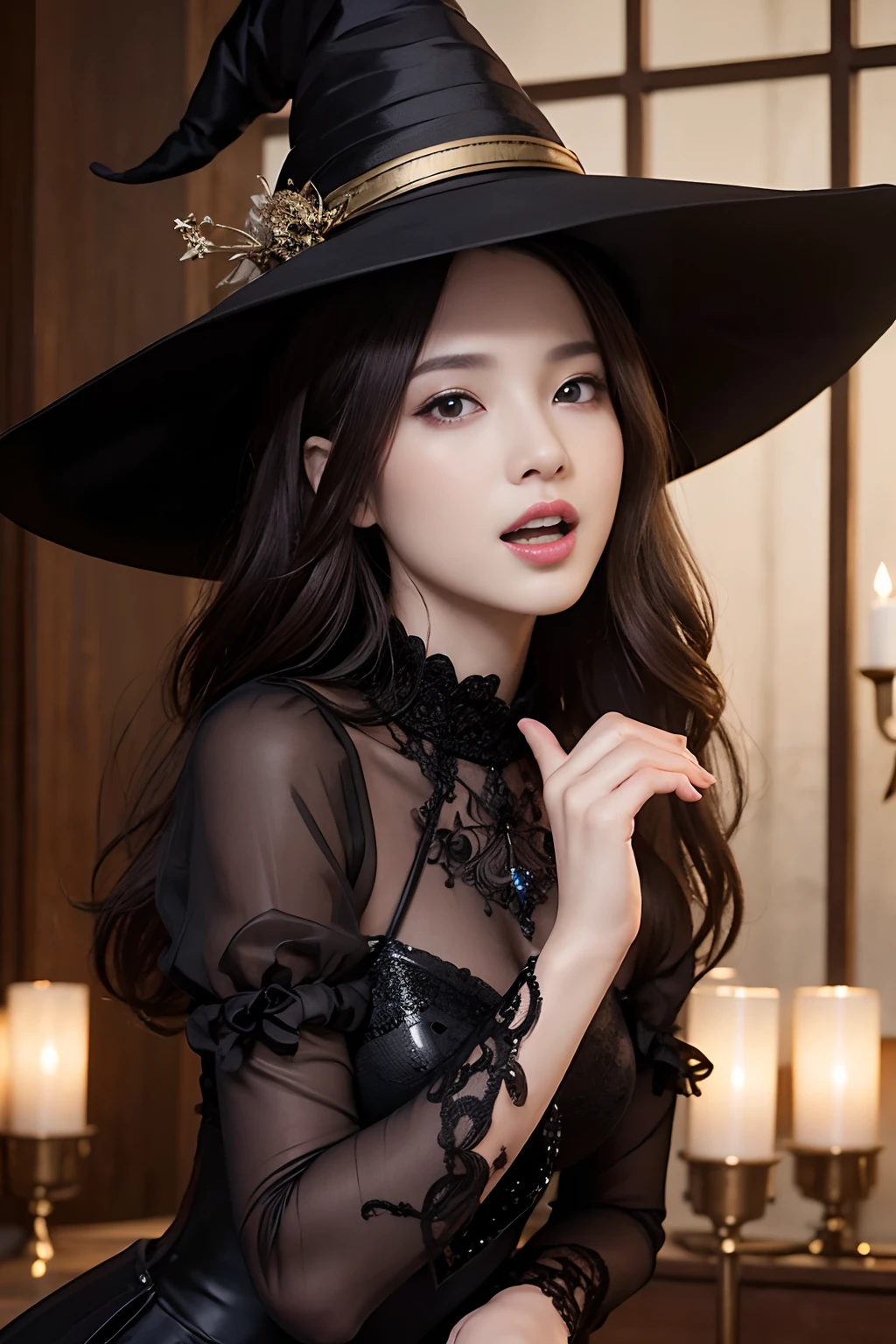 ((top-quality、​masterpiece、photographrealistic:1.4、in 8K))、Beautuful Women１a person、２1 year old、beautiful hairl、delicate and beautiful face、Eyes and faces with detailed 、Witch Cosplay、(stylish pose:1.2)、A smile、Beautiful lighting、Textured skin、Super Detail、high detailing、High quality、hight resolution、（looking at the viewers）、Detailed mouth、witch's hat、high-heels、Black Dress、full body Esbian、the witch、Mystical Castle Room、Detailed mouth、Opening Mouth、Opening Mouth