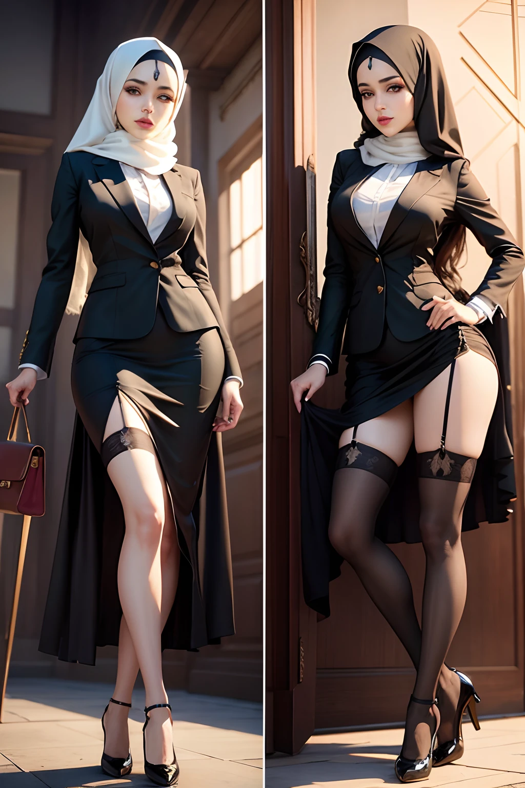 secretary outfit, stocking, high heel, iranian hijab, high quality, high details, realistic face, full hijab, satin clothes, long skirt , a leg out of skirt, skirt with long cut, full and sexy hijab,