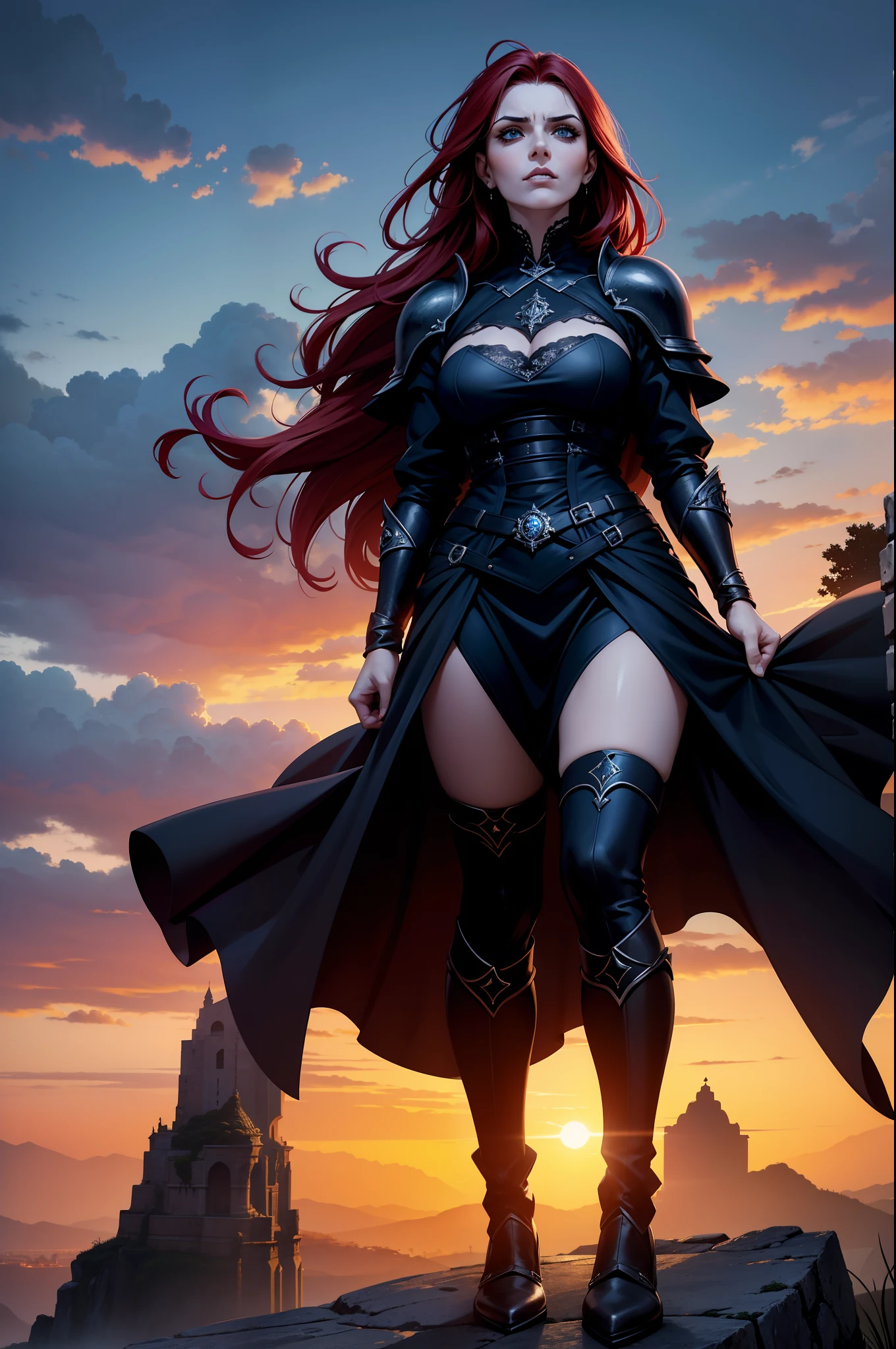 Personagem feminina ruiva de cabelo laranjado e curto, gothic armor, Own, on top of a raised stone in a challenging position with a serious facial expression, cor azul dos olhos, vestir, manto, capuz, dramatic scene, Torre do Mago, entardecer, magnifica, 8k, estola, roupas preta e vermelha, entardecer, dramatic scene, sky full of clouds, maga, linda, dismissive facial expression.