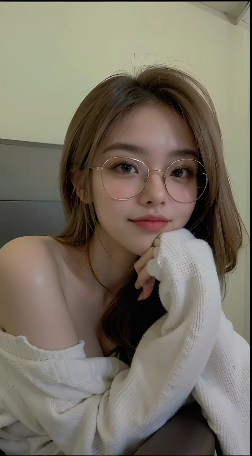 a close up of a woman wearing glasses and a sweater, with glasses, thick round spectacles, wearing thin large round glasses, spectacled, with glasses on, big round glasses, thick glasses, girl wearing round glasses, young and cute girl, wearing small round glasses, girl with glasses, glasses, korean girl, round glasses, wearing glasses, wearing round glasses, Best picture quality, masterpiece, ultra high resolution, 8k, cleavage, big boobs, bust detail, hair detail, eye detail, sharp eyes, thin smile, professional lighting