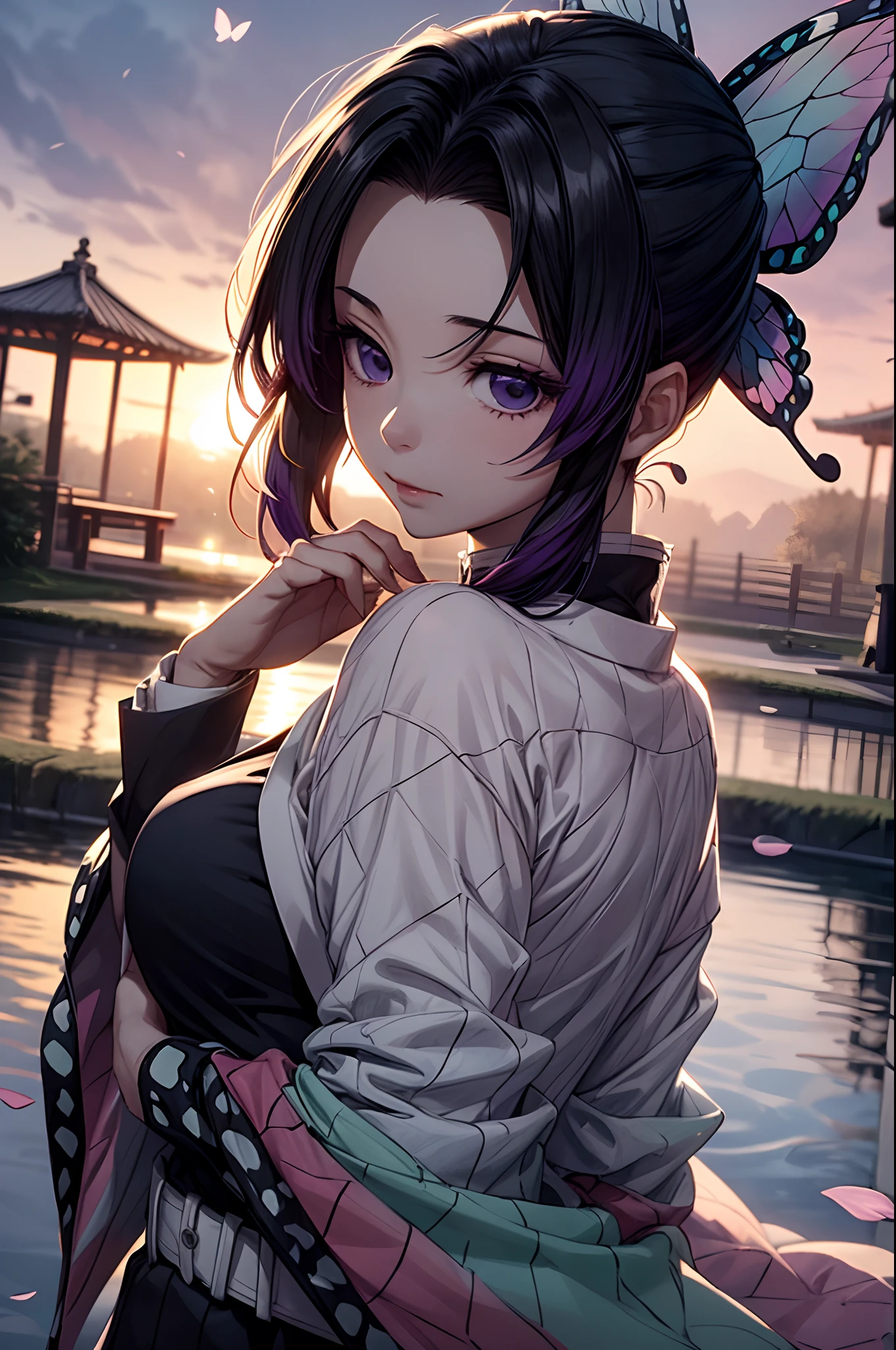 Extremely detailed and high-resolution masterpiece of Kocho Shinobu, the beautiful and deadly Demon Slayer in dynamic action. Add emphasis on the intricate details of her butterfly-themed outfit and the fierce expression on her face. Set the scene at twilight, with a serene pond and cherry blossom petals in the background. Use rich colors and volumetric light to create a sense of ethereal beauty and power.