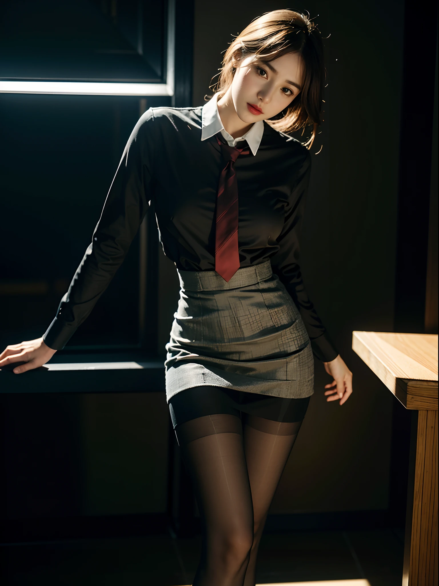 1girl,young girl, shiny skin,medium breasts,nice leg line:1.3, thin waist,school uniform, thighhighs,necktie,((pencil skirt)),looking at viewer,from below,full body, ( pantyhose:1.3),(The golden ratio figure),
masterpiece, best quality, best perspective, ultra-detailed and intricate, extremely delicate and beautiful, best quality light, (ray tracing:1.1), anti-aliasing,
realistic,photorealistic,award-winning illustration,(intricate details:1.2),(delicate detailed) (intricate details),(cinematic light,best quality Backlights),clear line,sharp focus,official art,unity 8k wallpaper,absurdres,incredibly absurdres,huge filesize,ultra-detailed,highres,extremely detailed extremely delicate and beautiful,RAW photo, professional lighting,dynamic lighting,light on the face,depthoffield,solofocus,