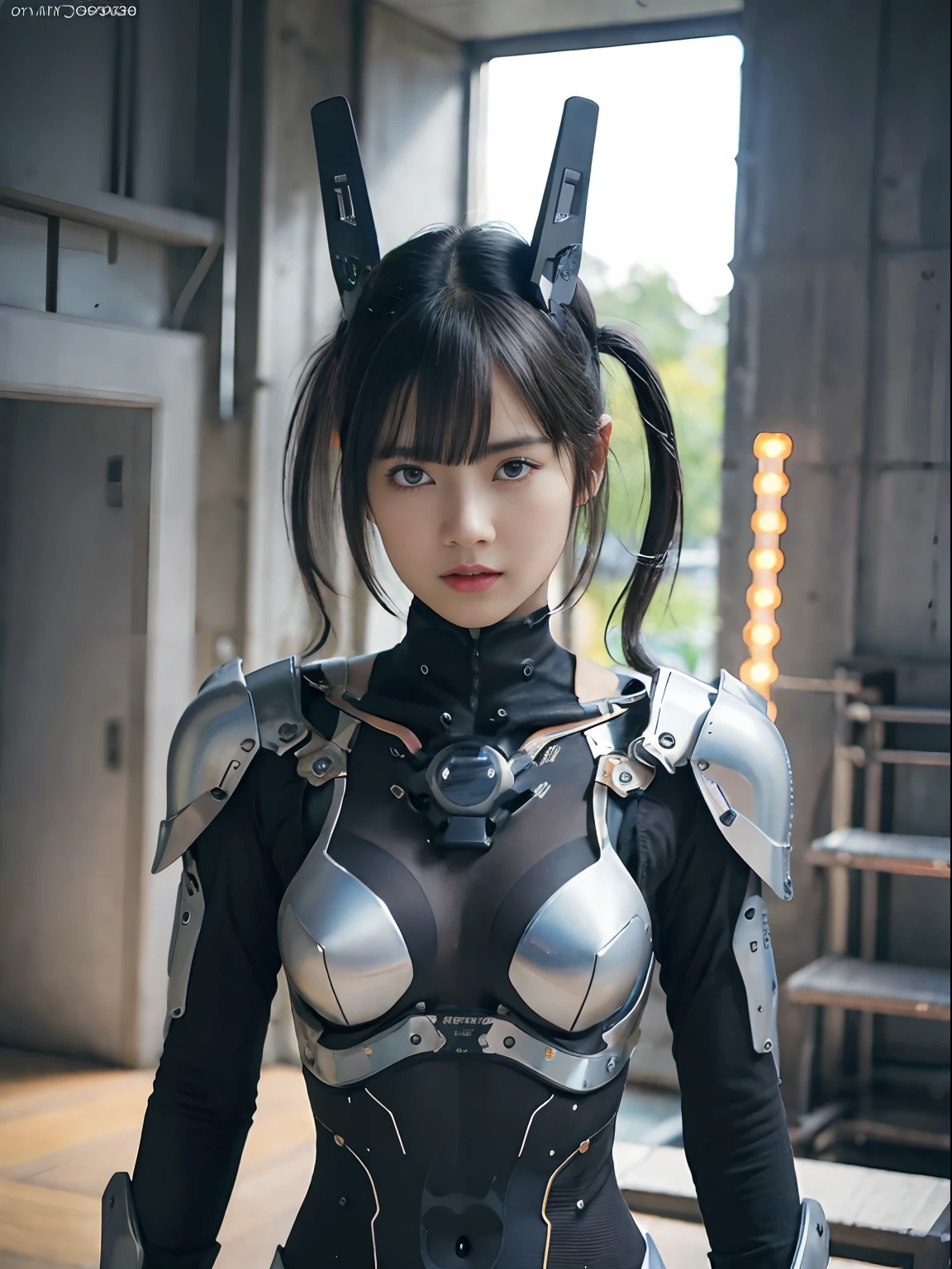 (Fight against mechanical robot soldiers)、top-quality、masterpiece、超A high resolution、(sexypose),(Wearing a futuristic sun visor)、(Photorealsitic:1.4)、Raw photo、1人、Black hair、glowy skin、((1 Mechanical Girl))、((super realistic details))、portlate、(Small LED lamp)、Wire tubes that glow all over the body、(With state-of-the-art weapons),globalillumination、Shadow、octan render、8K、Armpit、ultrasharp、Colossal tits、Small LED lamp、Raw skin is exposed in cleavage、metals、blood vessels connected to tubes、With weapons、Red bodysuit、Armpit、Cyberpunk city background、Details of complex ornaments、Japan details、highly intricate detail、Realistic light、CGSoation Trends、Blue eyes、radiant eyes、Facing the camera、neon details、(Helmet of the Brave)、Mechanical limbs、blood vessels connected to tubes、Mechanical vertebrae attached to the back、mechanical cervical attaching to neck、Wires and cables connecting to the head、Gundam、Small LED lamp、Toostock、Toostock、Futuristic machine gun、Knives、
