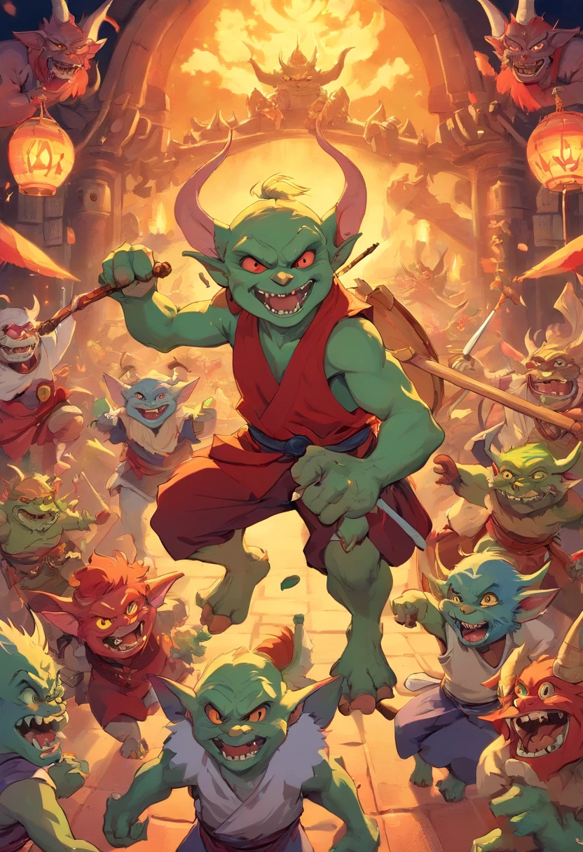 goblins, medieval demons, goblins, korean mythology, goblins partying at a rave, oni, barong family, goblins and trolls, kobold, red horns, fighting monsters, tribe members attacking, devils, dnd party, journey to the west, traditional art