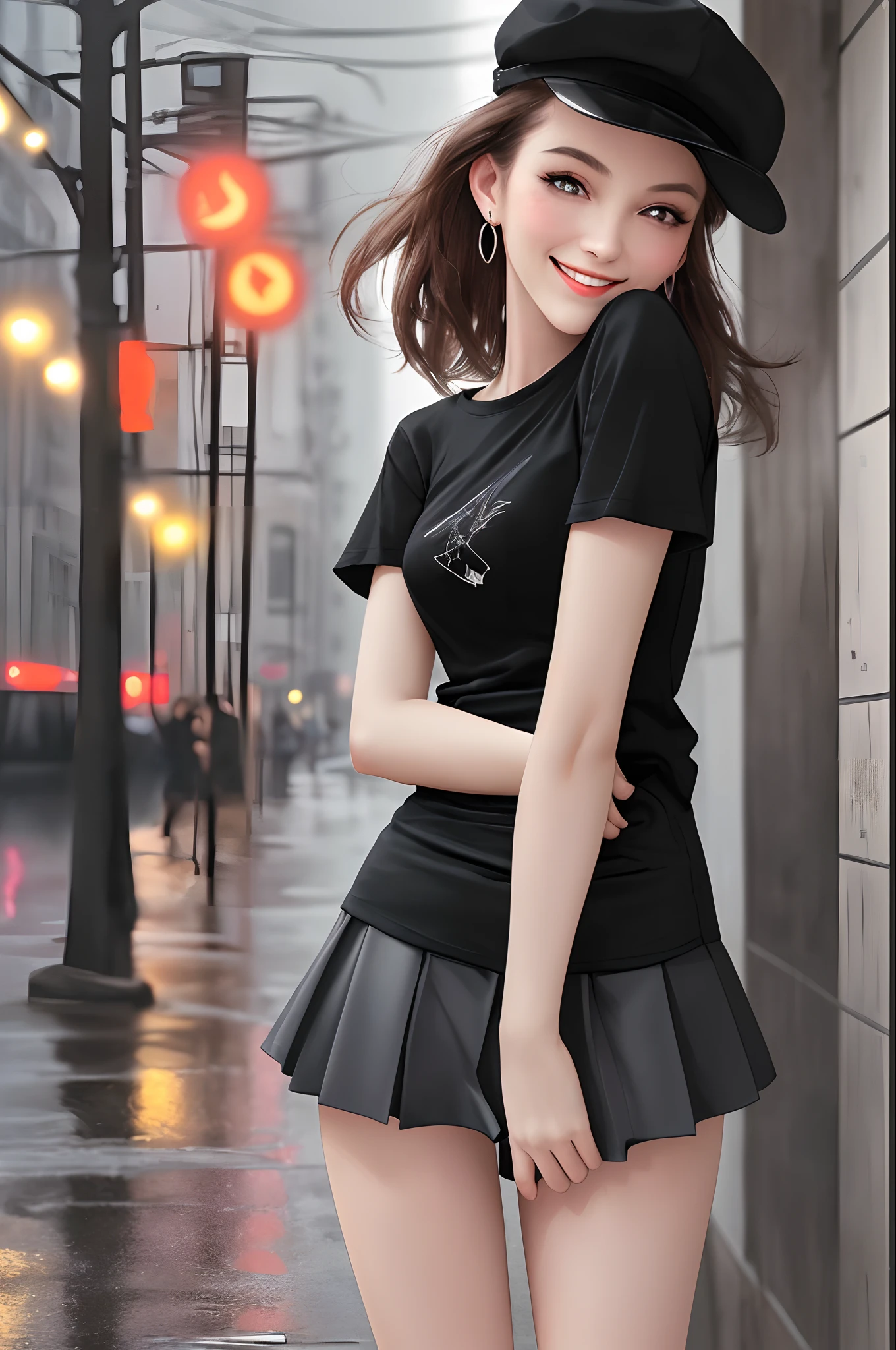ultra resolution, (photorealistic:1.3), (1 skinny girl), elegant girl, fashion, young face, blush, (evil smile), thigh (thin), cap, earrings, (black t-shirt), (skirt), Engraving rainy city street