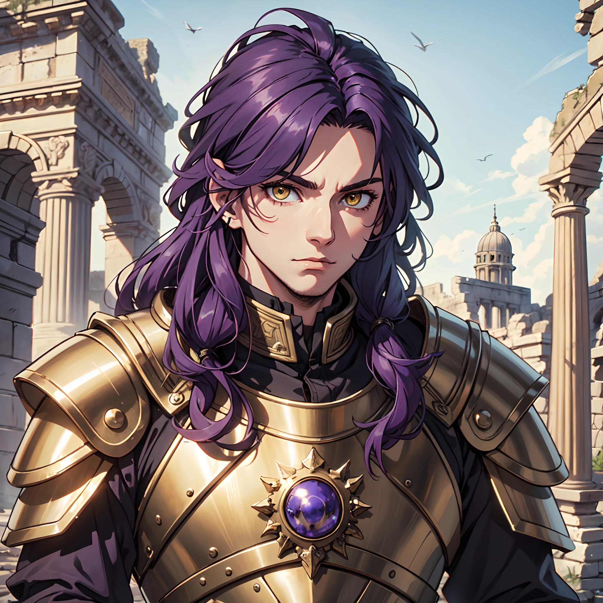Ultra High Definition,
Ultra High Quality,
Hyper Definition,
Hyper Quality,
Hyper Detailed,
Extremely Detailed,
Perfectly Detailed,
8k,
1 Boy,
Long Purple Hair,
Under Cut Hairstyle,
Solid Yellow Eyes,
Handsome,
Armored With Roman Emperor Armor,
Ancient Roman Empire Ruins Background,