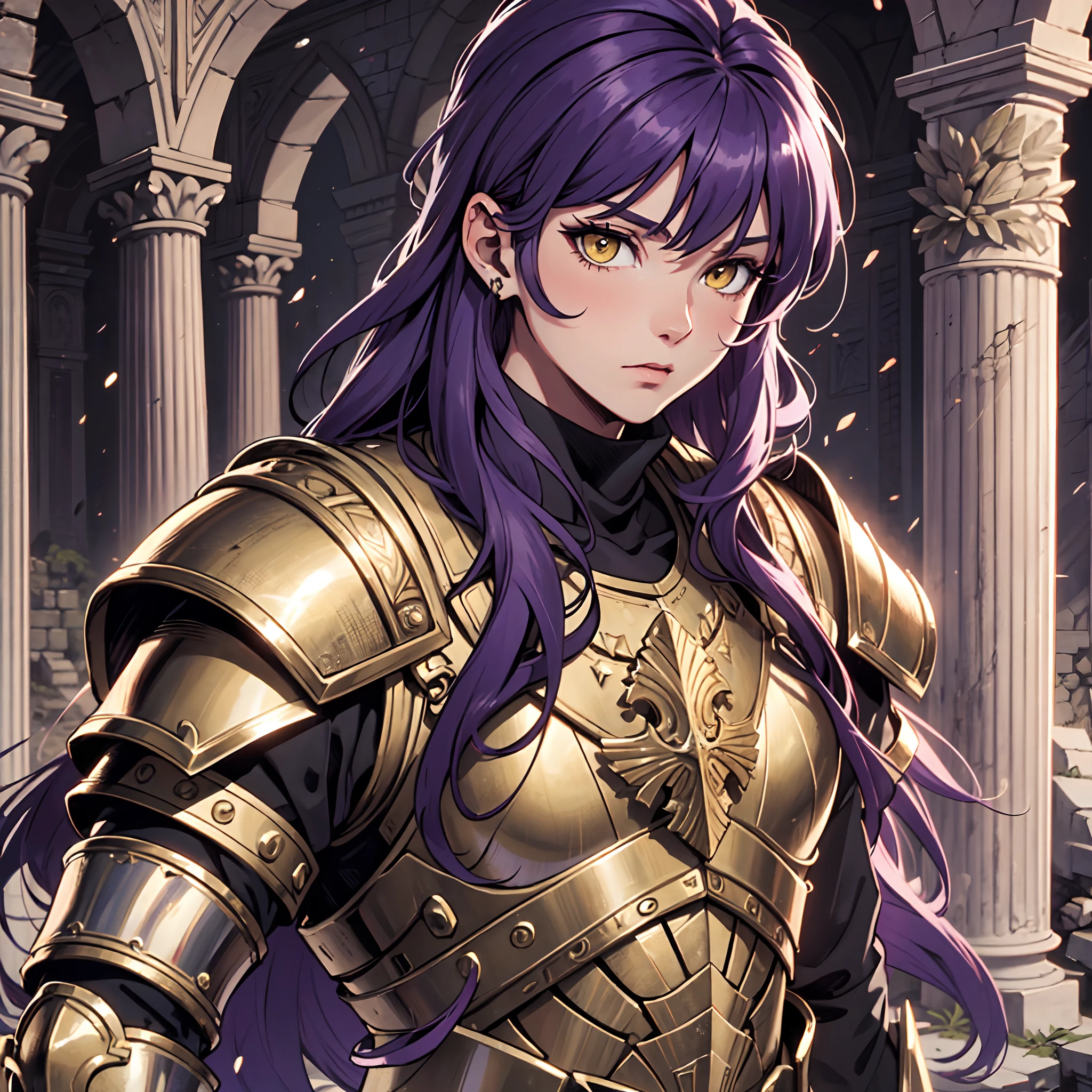 Ultra High Definition,
Ultra High Quality,
Hyper Definition,
Hyper Quality,
Hyper Detailed,
Extremely Detailed,
Perfectly Detailed,
8k,
1 Boy,
Long Purple Hair,
Under Cut Hairstyle,
Solid Yellow Eyes,
Handsome,
Armored With Roman Emperor Armor,
Ancient Roman Empire Ruins Background,