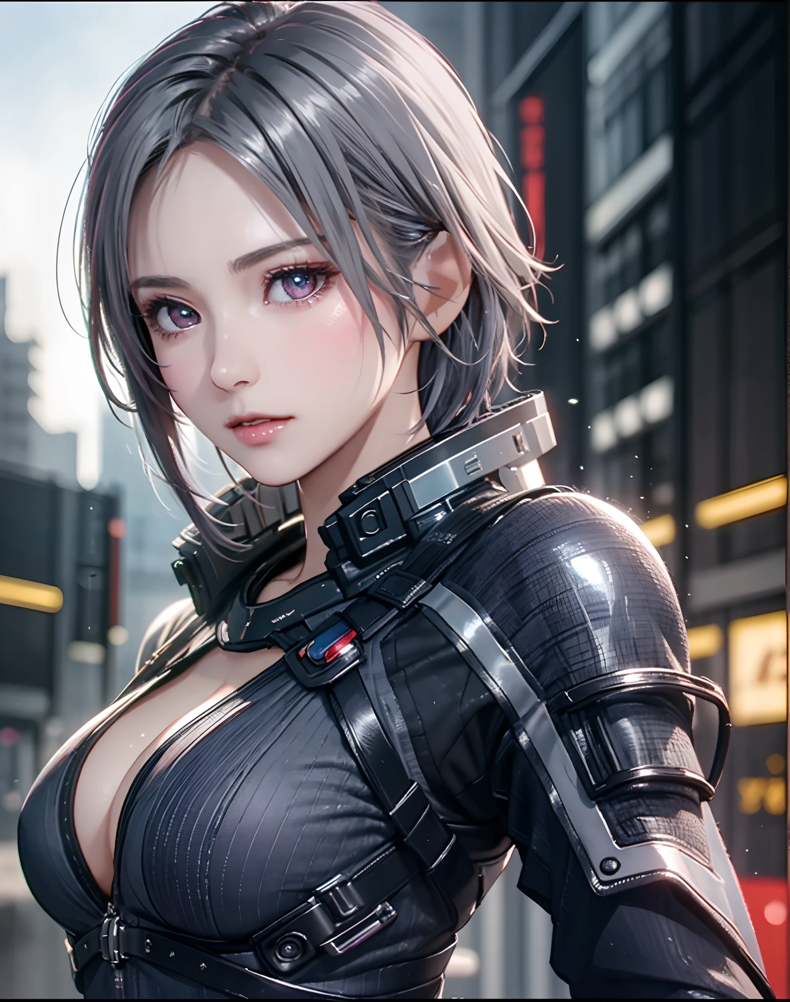 (8K, Photorealistic, Raw photo, of the highest quality: 1.3), (1girl in), Super beautiful, (Realistic face), (boyish, Silver Color Berry Shorthair), Beautiful cyberpunk suit, Glare that captivates the viewer, Beautiful expression, Beautiful breasts, (Realistic skin), Beautiful...