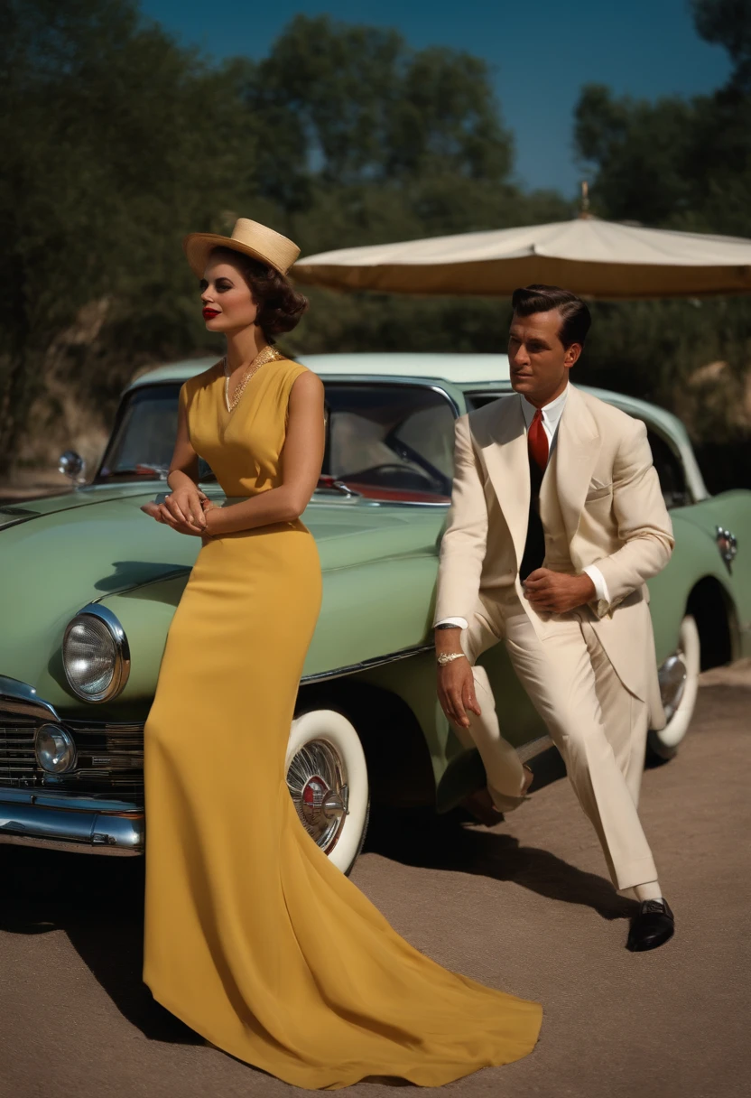 man holding camera and woman wearing, in the style of george stefanescu, exotic atmosphere, photo taken with provia, realistic photo, strong diagonals next to classic car, rich, old money, well dressed, 1950s, playing tennis, expensive dressed, Parisian