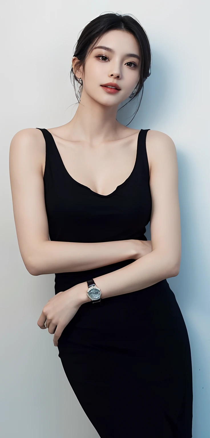 a close up of a woman in a black dress posing for a picture, she is wearing a black tank top, wearing a watch, feminine slim figure, wearing a black cropped tank top, wears a watch, wearing a cropped black tank top, slender waist, photo of slim girl model, wearing black camisole outfit, she is wearing a black dress, Best picture quality, masterpiece, ultra high resolution, 8k, cleavage, big boobs, bust detail, hair detail, eye detail, sharp eyes, thin smile, professional lighting