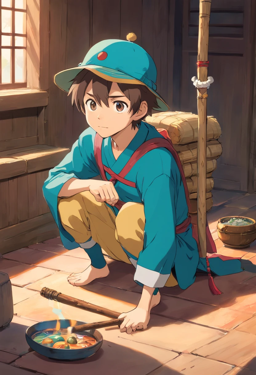 male anime character with a stick and a hat sitting on a floor, am a naranbaatar ganbold, sage ( valorant ), akiyuki shinbou, otaku gangasta, as a dnd character, 2 d anime style, akira from chinese mythology, studio ghibly style mononoke, 2 d art, 2d art