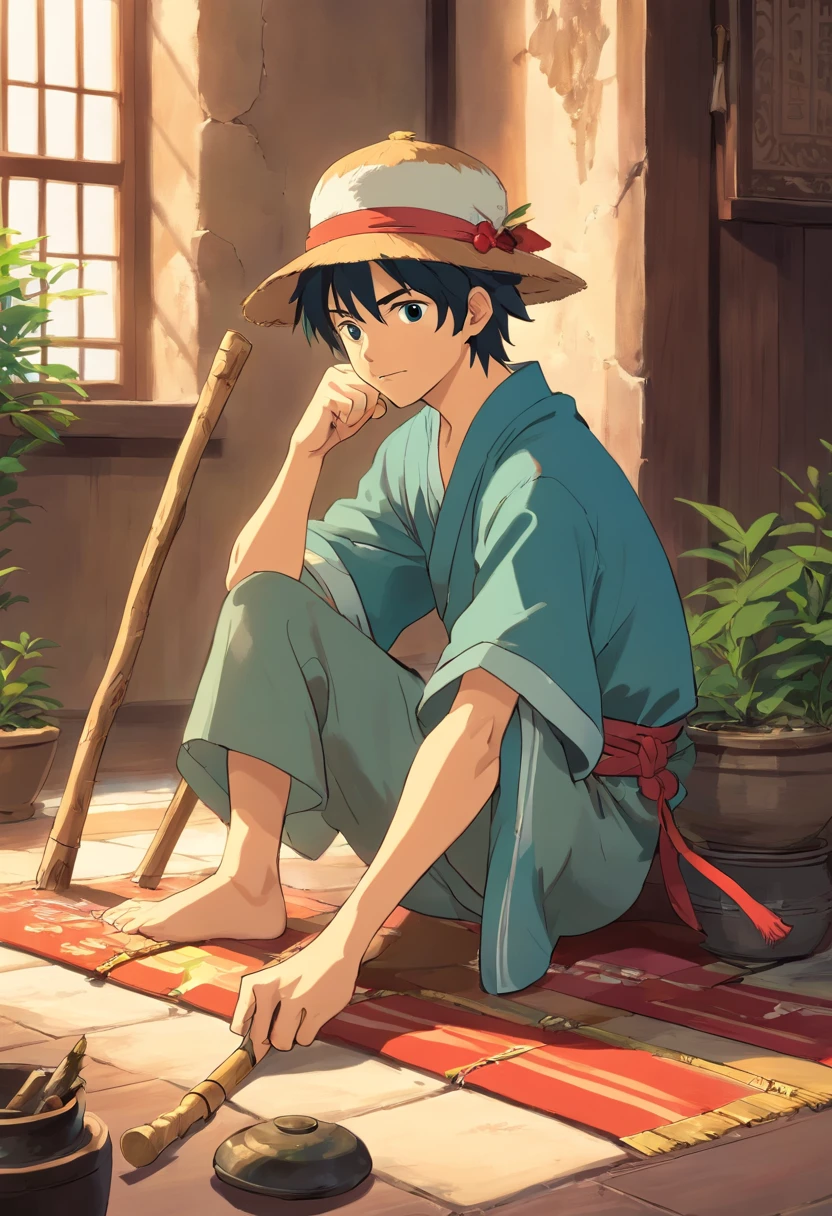 male anime character with a stick and a hat sitting on a floor, am a naranbaatar ganbold, sage ( valorant ), akiyuki shinbou, otaku gangasta, as a dnd character, 2 d anime style, akira from chinese mythology, studio ghibly style mononoke, 2 d art, 2d art