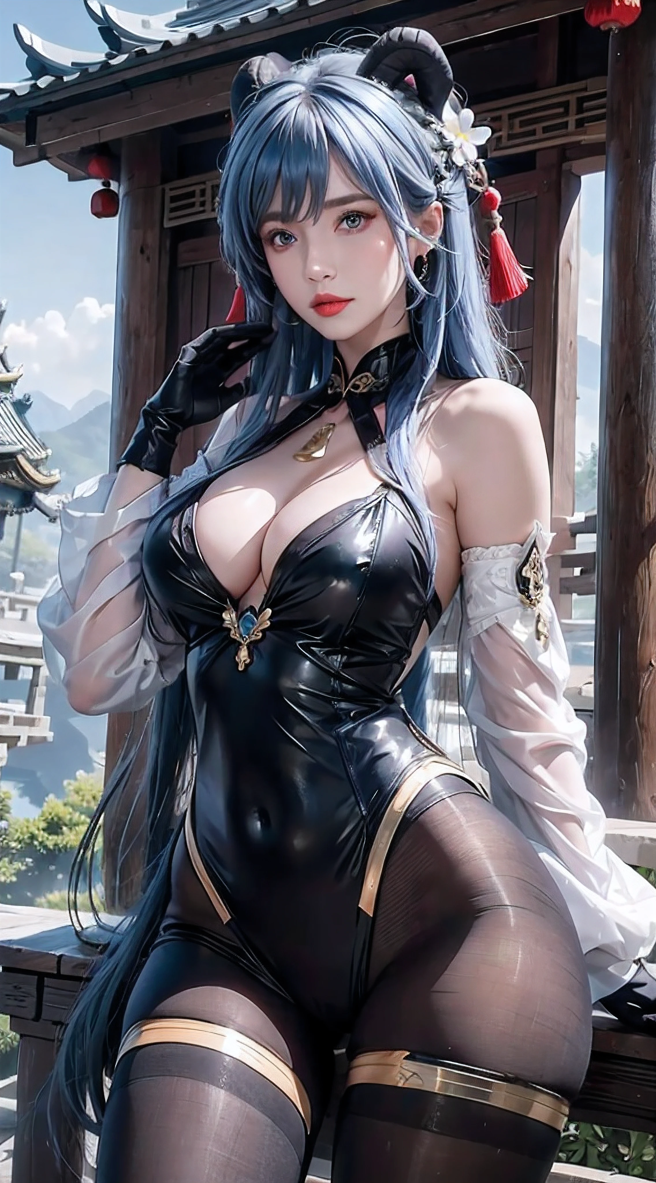 photorealistic, high resolution,masterpiece,best quality,ultra-detailed, 1women, hips up, blue eyes, ahoge, architecture, bangs, bare shoulders, bell, black gloves, black pantyhose, (blue hair), blush, breasts, chinese knot, detached sleeves, east asian architecture, flower knot, gloves, horns, long hair, medium breasts, neck bell, night, outdoors, pantyhose, purple eyes, tassel, white sleeves , intricate,