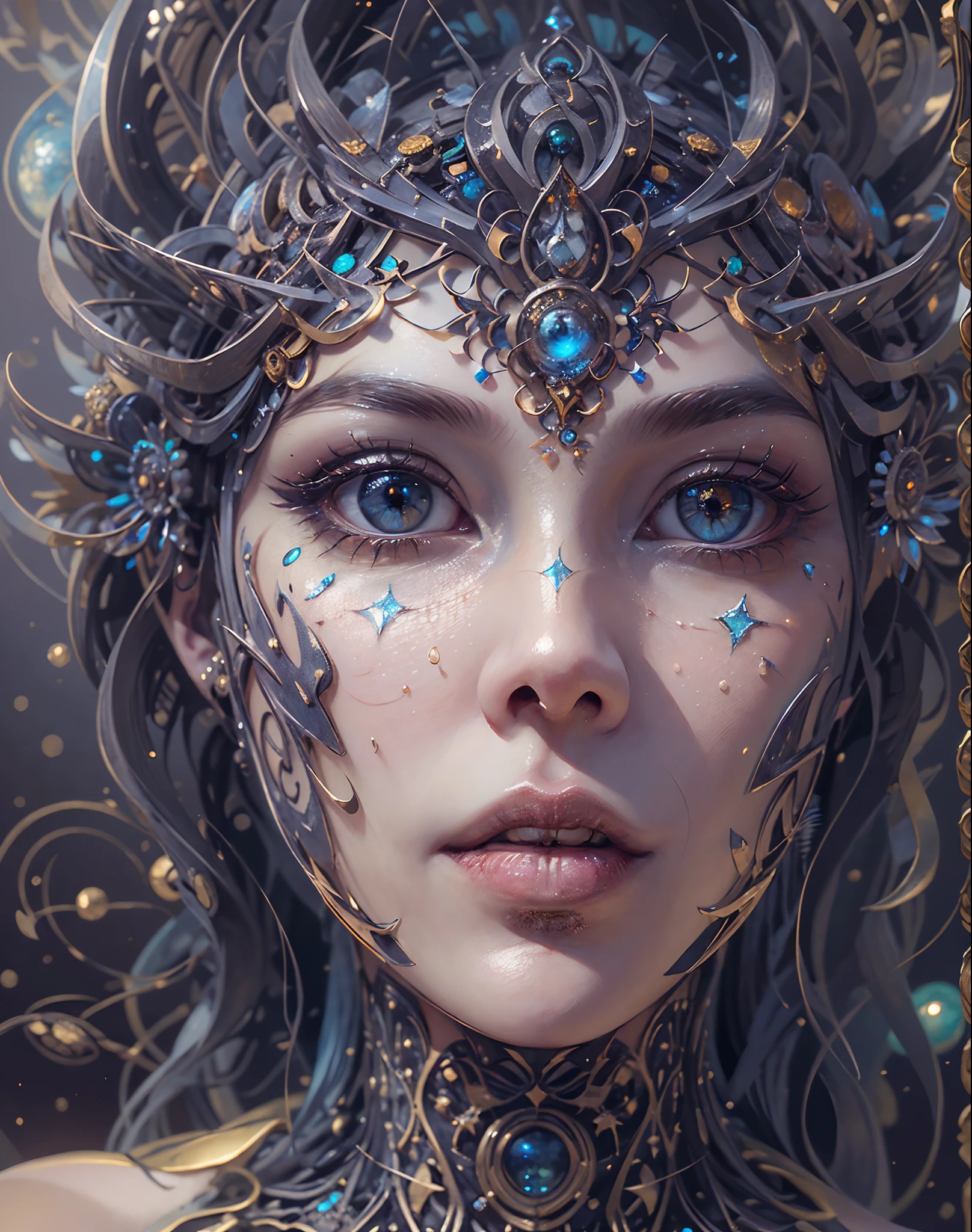 (best quality，ultra - detailed，Most Best Illustration，Best shadow，masterpiece，A high resolution，professional artwork，famous artwork），Eyes focus, Star sparkle particle around, Detailed eyes，beautiful eyes，closeup cleavage，sci-fi，colored sclera，face markings，Tattooed with，（fractalized，Fractal eyes)，large eyes，Wide eyes，（Eye focus），face focus，Cosmic eyes，Space eyes,  metal sculpture of a woman with a moon in her hair，sexy goddess, extremely high detail，3 d goddess portrait，Extremely detailed，a stunning portrait of a goddess，Side image of the goddess，portrait of a beautiful goddess，Full body close-up portrait of the goddess，hecate goddess，portrait of a norse moon goddess，goddess of space and time, sea art 2.1, goddess sea art 2.1, texture masterpiece, super detail, cinematic lighting, perfect face.