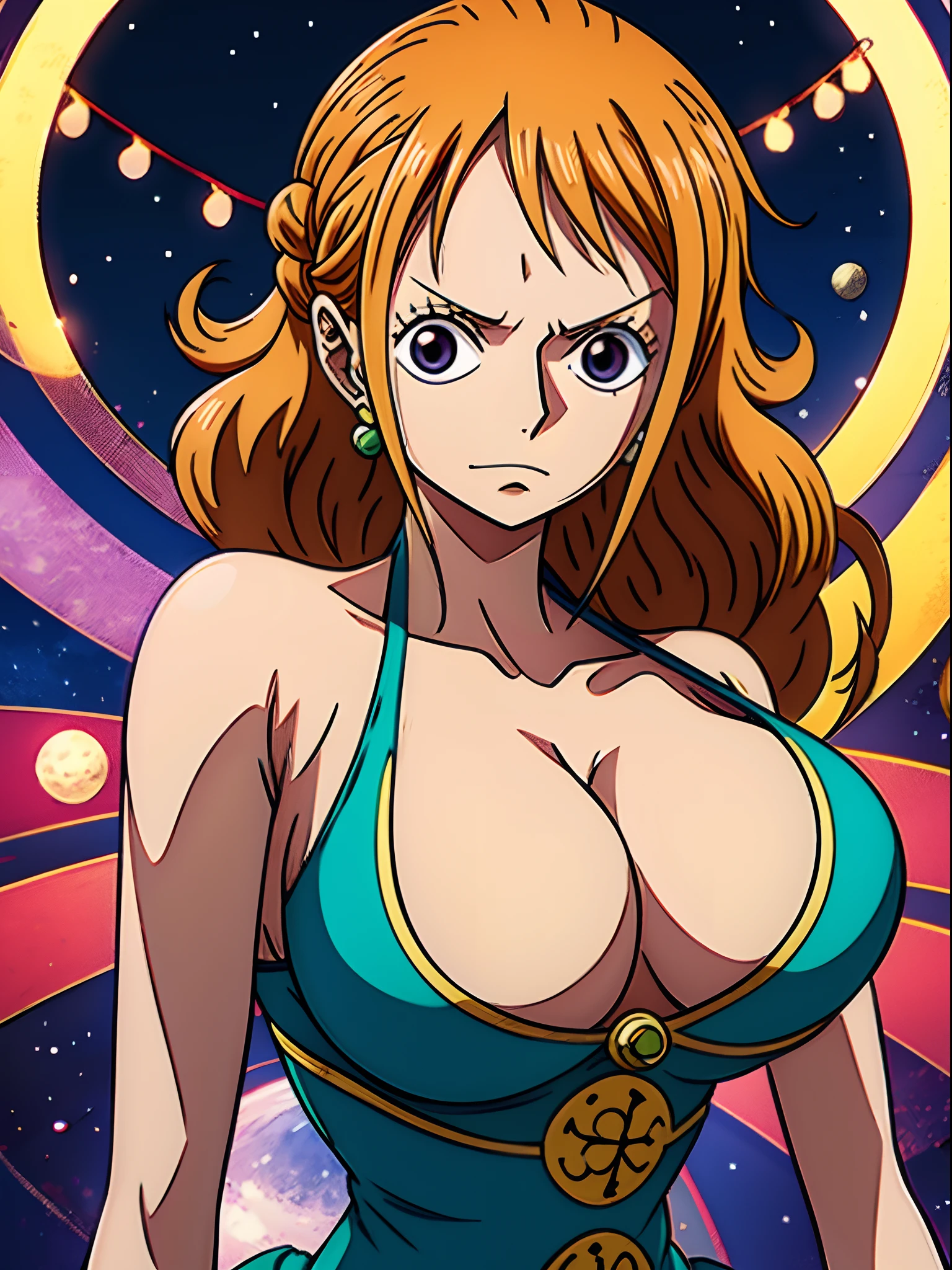 1girll,(((ONE PIECE))),(((Nami))) ,One Piece,Nami, facing at camera,Raised sexy,cleavage,nedium breasts, the hair, florals,themoon, florals, exteriors, Skysky, moon full, big breasts exposed cleavage , nigh sky, By bangs, The tree, Reflectors, mostly cloudy sky, (((tmasterpiece),(Very detailed CG unity 8k wallpaper),best qualtiy,,独奏,cinmatic lighting,detailed back ground,beatiful detailed eyes,Bright pupils,(very fine and beautiful),(Beautiful and detailed eye description),ultra - detailed,tmasterpiece,))