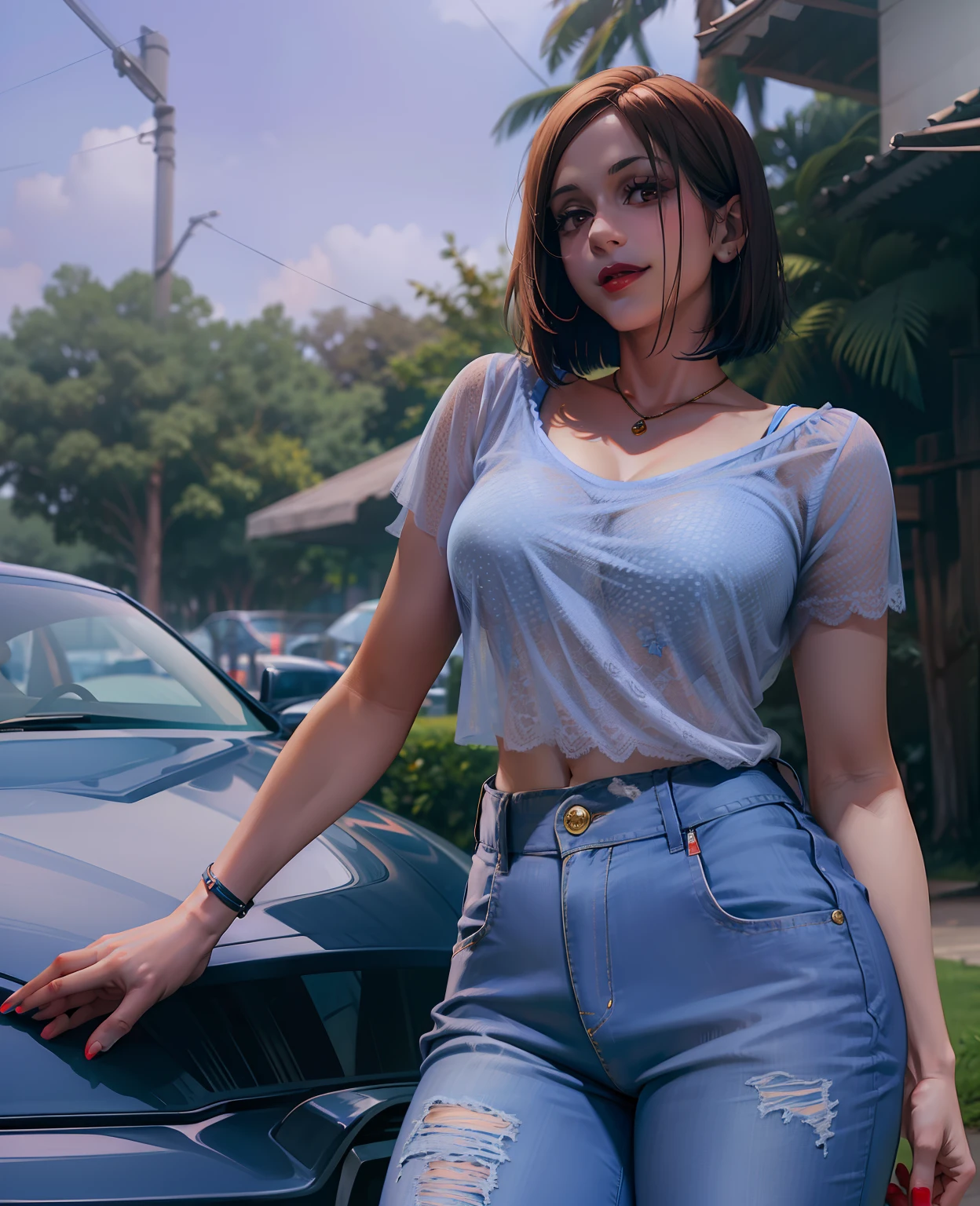 Girl, smile, red lips, big nose, big tits, short hair, fair skin, sexy body, blue clothes colors, blue pants colors, beautiful girl, in outdoor, sexy pose, eleganr pose, realistic