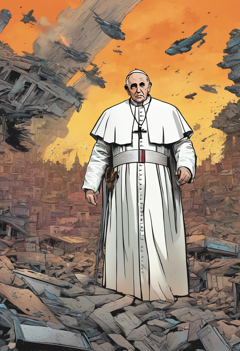 Papa francisco,front head,usando um U.s. army suite with an HK 47, e granada, Destroyed buildings devastated the city, Drone Atack, Enlightenment reaches the sky, Noite,aurora boreal