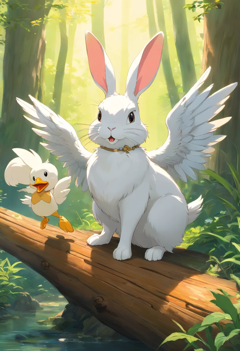 arafed rabbit with wings and duck legs on a log, taxidermy, with real wings, a mythical creature, anthropomorphic rabbit, mythical whimsical creatures, gorthalax the insatiable, ophanim has bird wings, inspired by Melchior d'Hondecoeter, inspired by Gijsbert d'Hondecoeter