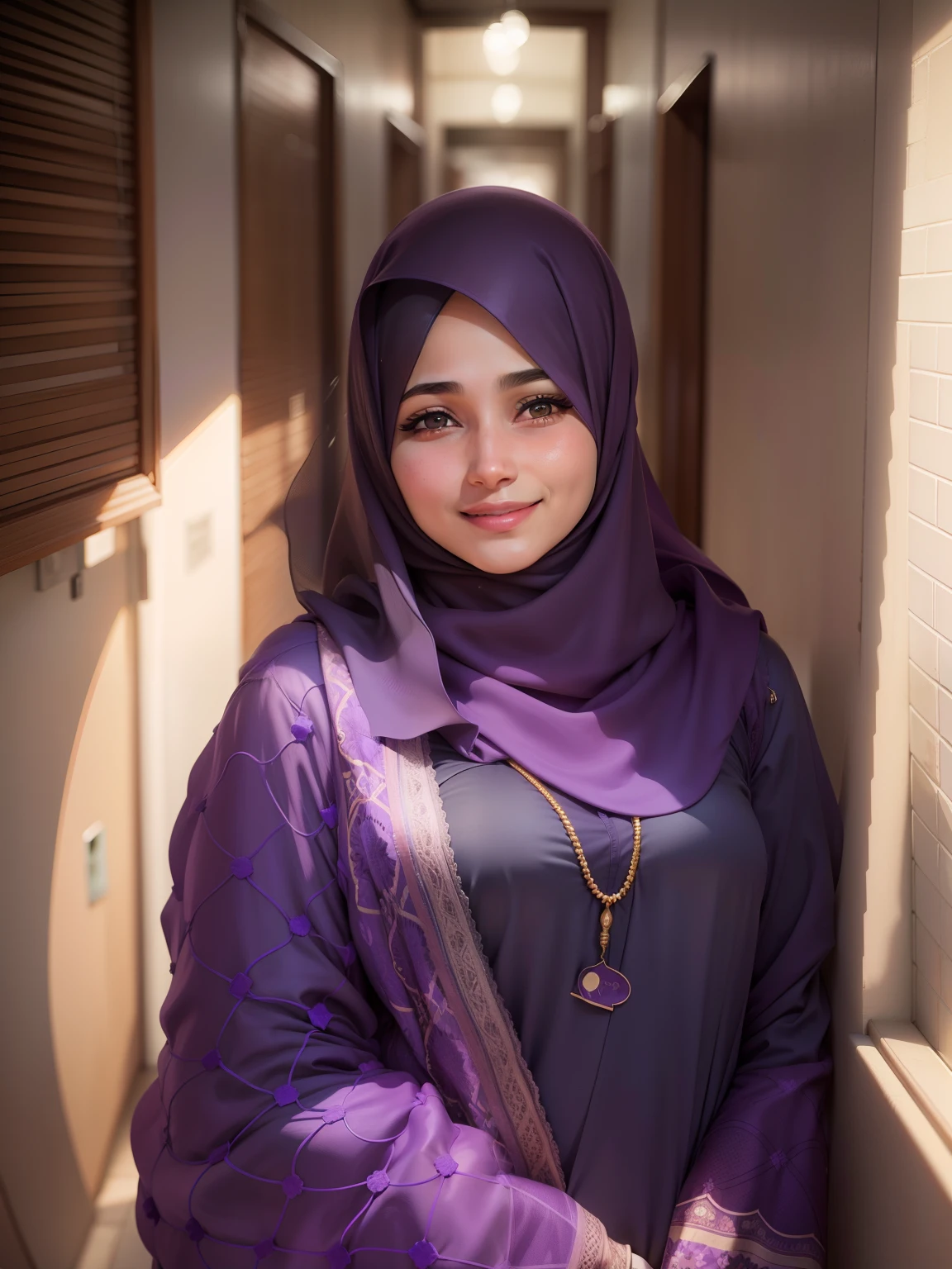 muslim woman in a purple hijab standing in a hallway, faridah malik, friedly smile, picture, hijab, protrait, she is smiling, student, close up potrait, full protrait, inspired by Nazmi Ziya Guran, with kind face, friendly smile, potrait, lovely woman, inspired by Fathi Hassan, shot on nikon z9