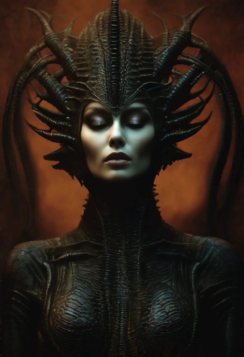 A prickly, faceless alien woman, /estilo H.G. giger