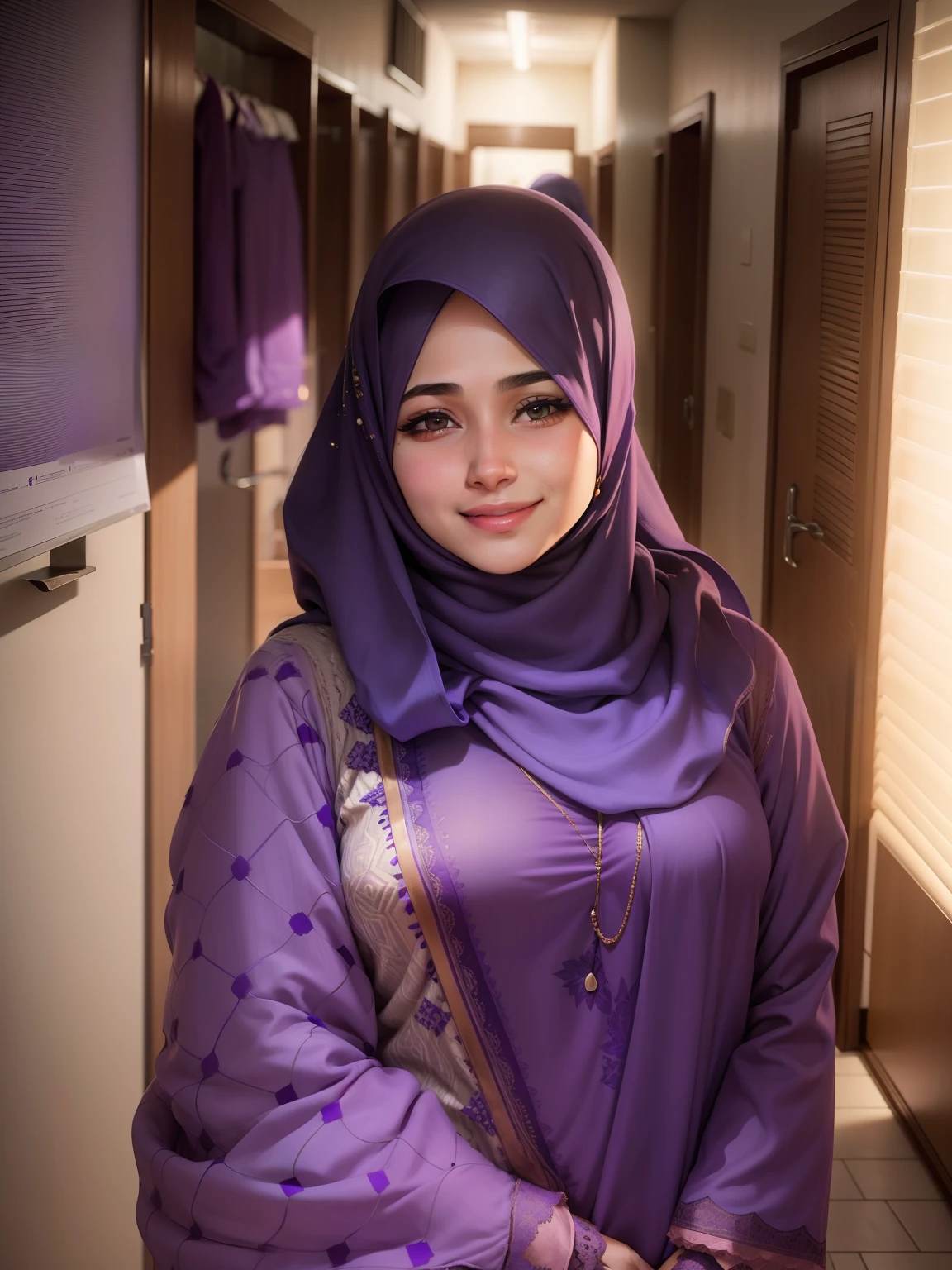 muslim woman in a purple hijab standing in a hallway, faridah malik, friedly smile, picture, hijab, protrait, she is smiling, student, close up potrait, full protrait, inspired by Nazmi Ziya Guran, with kind face, friendly smile, potrait, lovely woman, inspired by Fathi Hassan, shot on nikon z9