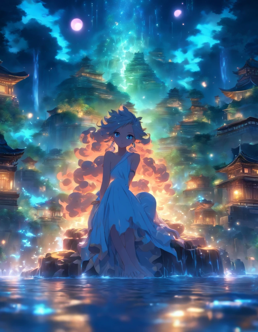 (masutepiece, Best Quality), 1girll(Athena_Asamiya Palace), Dresses in many colors, length hair, Sitting, Beautiful outdoor background, Night, forest,Highly detailed surreal VFX,spherical body、Revolutions、water ink,inky,Smudge,中景 the scene is,super-fine,ultra - detailed,high quarity,8K ,Sharpen the focus of the eyes,The upper part of the body,OC rendering、ruins、Unrealistic