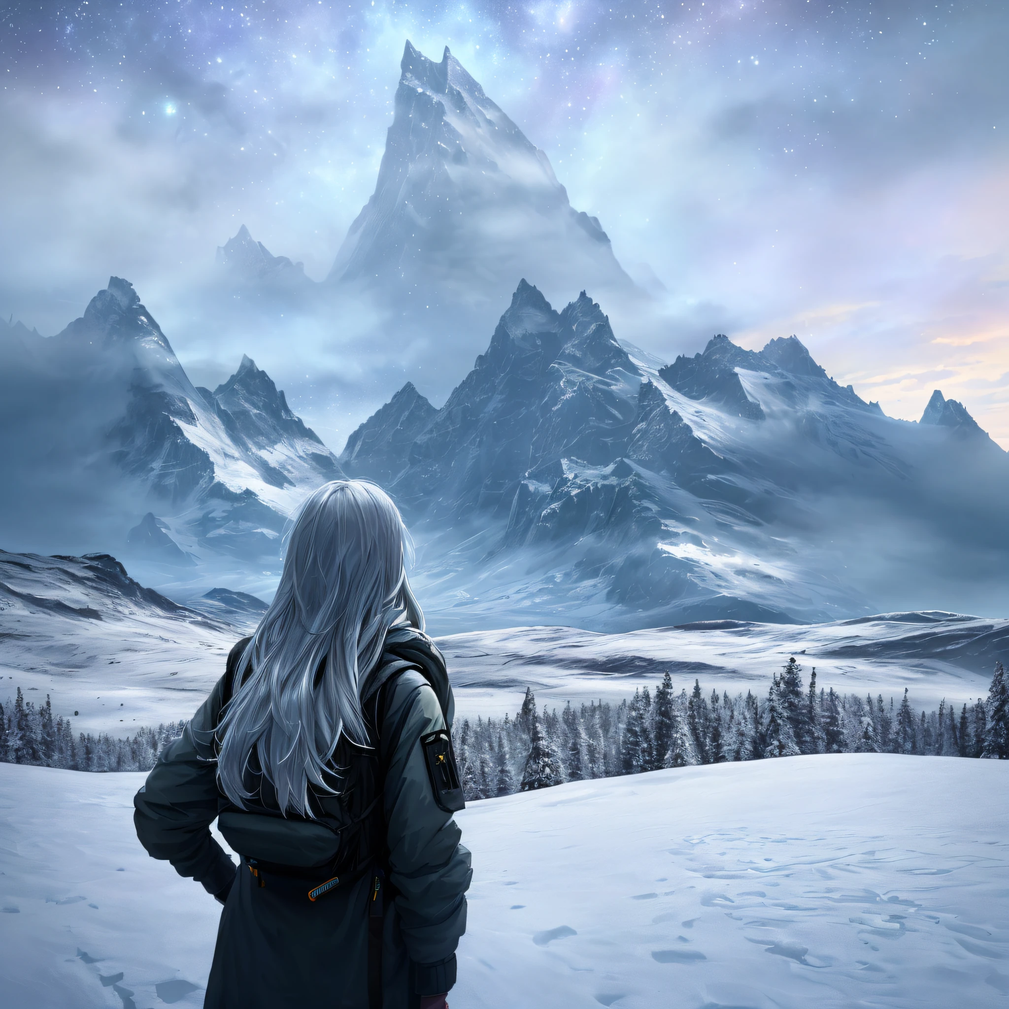 Masterpiece, Best quality, 1girll, Solo, From behind, Backpack,A tour of the vast landscape, Beautiful detailed hair,s delicate face,Storm jacket, Gaze at snow-capped peaks, Warm lighting, Brilliant starry sky, Hyperrealistic, Detailed background, Depth of field, rim lit, Specular highlights, full bloom, Atmospheric lighting,Epic, cinematic ligh