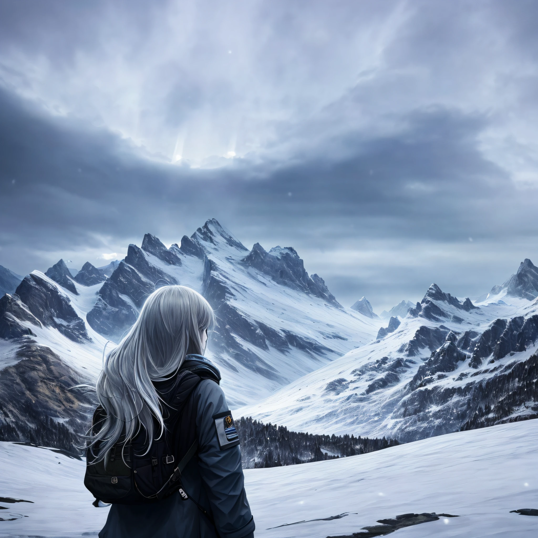 Masterpiece, Best quality, 1girll, Solo, From behind, Backpack,A tour of the vast landscape, Beautiful detailed hair,s delicate face,Storm jacket, Gaze at snow-capped peaks, Warm lighting, Brilliant starry sky, Hyperrealistic, Detailed background, Depth of field, rim lit, Specular highlights, full bloom, Atmospheric lighting,Epic, cinematic ligh