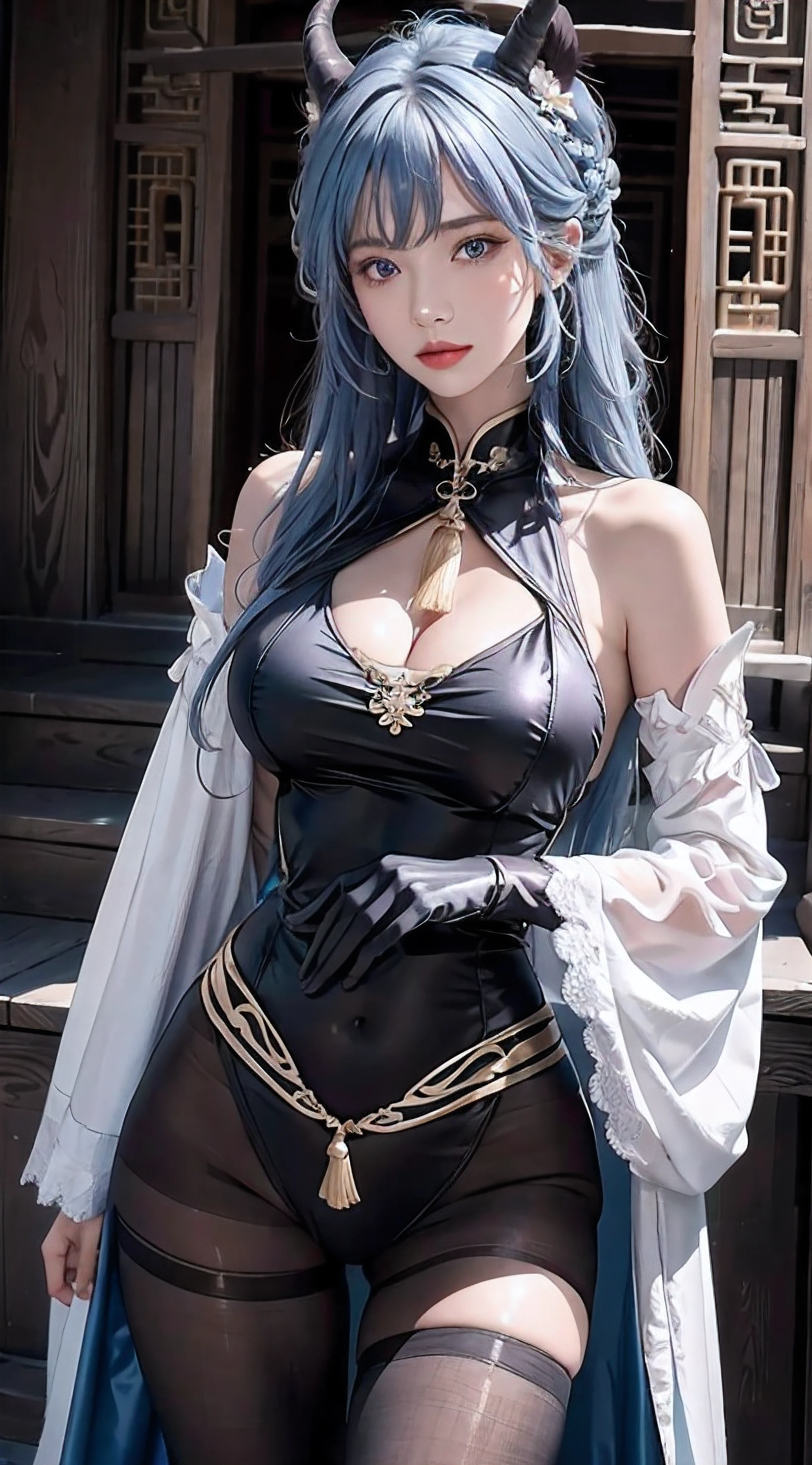 photorealistic, high resolution,masterpiece,best quality,ultra-detailed, 1women, hips up, blue eyes, ahoge, architecture, bangs, bare shoulders, bell, black gloves, black pantyhose, (blue hair), blush, breasts, chinese knot, detached sleeves, east asian architecture, flower knot, gloves, horns, long hair, medium breasts, neck bell, night, outdoors, pantyhose, purple eyes, tassel, white sleeves , intricate,