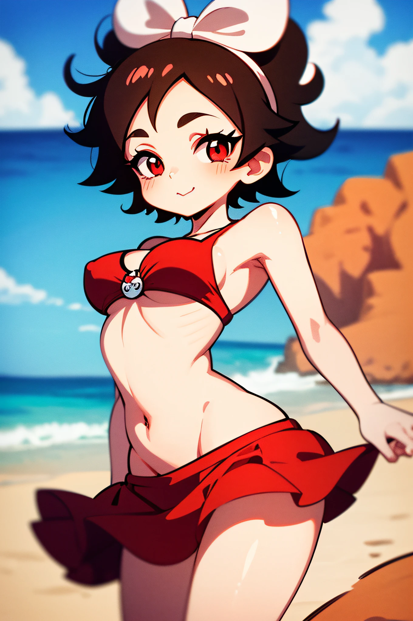 image for t-shirt print style drawing white background, Betty Boop character with red beach bikini, on a beach background.