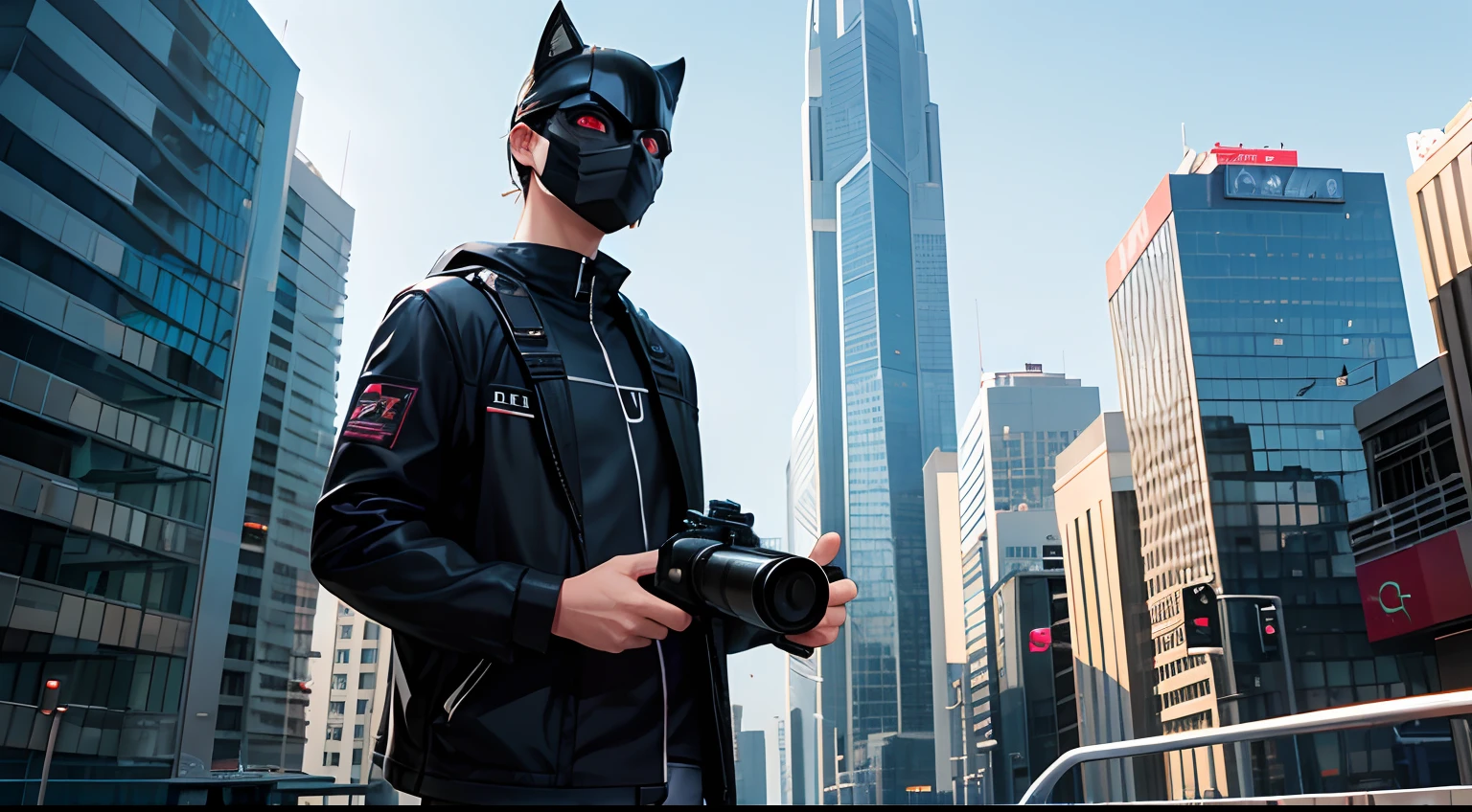 A male photographer wearing a sci-fi mask in the city of the future