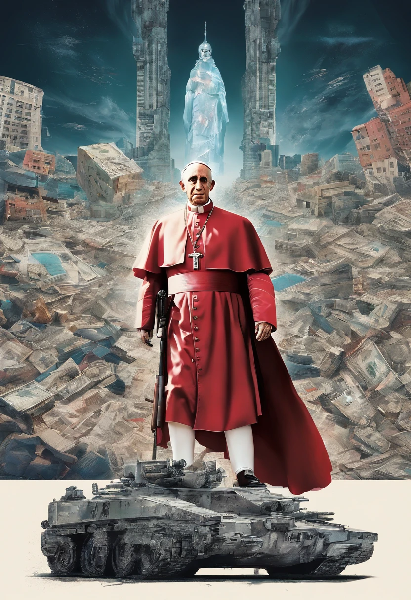 Papa francisco,front head,usando um U.s. army suite with an HK 47, e granada, Destroyed buildings devastated the city, Drone Atack, Enlightenment reaches the sky, noite,aurora boreal