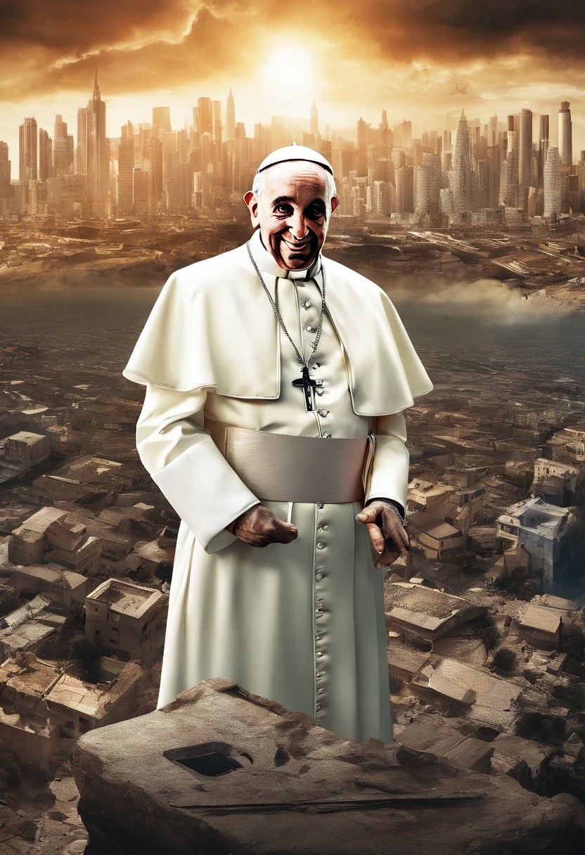 Papa francisco,front head,usando um U.s. army suite with an HK 47, e granada, Destroyed buildings devastated the city, Drone Atack, Enlightenment reaches the sky, noite,aurora boreal