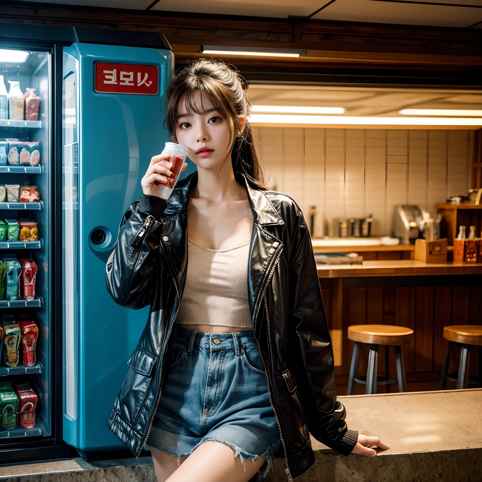 (8k, RAW photo, highest quality, masterpiece: 1.2), (realistic, photorealistic: 1.37), Super detailed, ultra high resolution, pioapple, girl, floating hair, bangs, skin texture, tight waist, slim waist, (curve: 0.4),  feet, movie lighting, professional lighting, bright face, (((vending machine))), walk,(((Only the lower body is naked))),(((Pussy))),(ribbed sweater:1.3), off shoulder sweater, bare shoulders, (((crowd)))