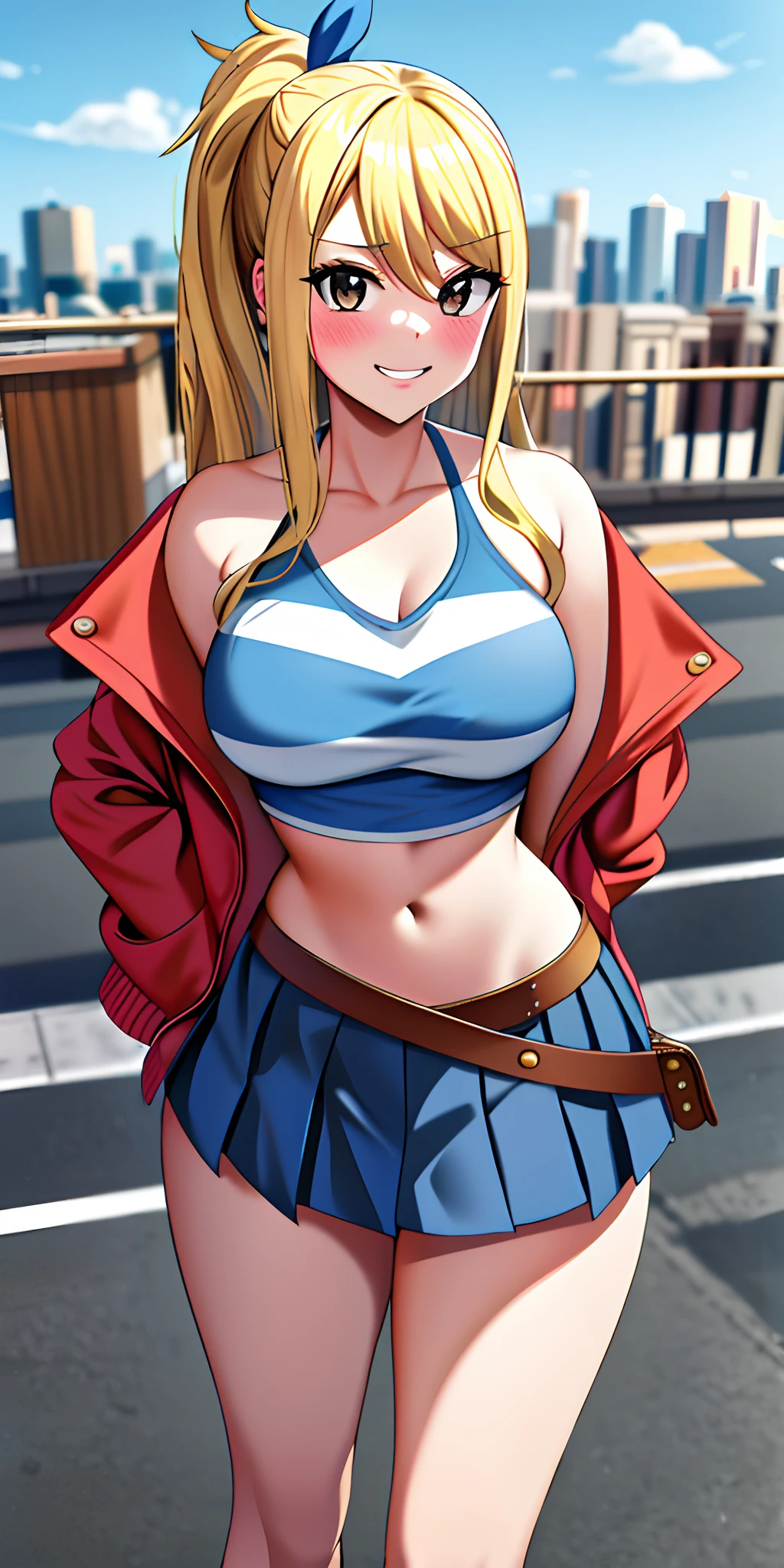 masterpiece, best quality, highres, lucy heartfilia, blonde hair, long hair, large breasts, jacket, crop top, bare shoulder, show stomach, belt, pleated skirt, cowboy shot, standing, looking at viewer, city road, outdoor, modern city road, blush, shy, smile, show teeth, stocking,