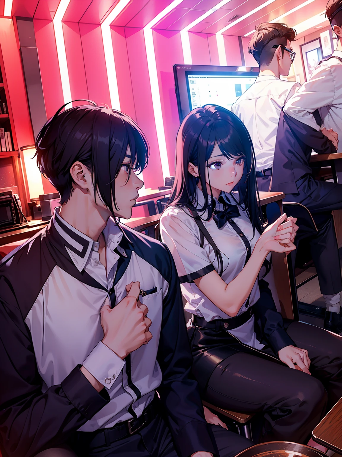 Male and female couples　Girl sitting on a chair wearing a tight skirt over a blouse。Boys hugging each other from behind。Boy in high school long pants uniform with mash cut hairstyle。Without glasses