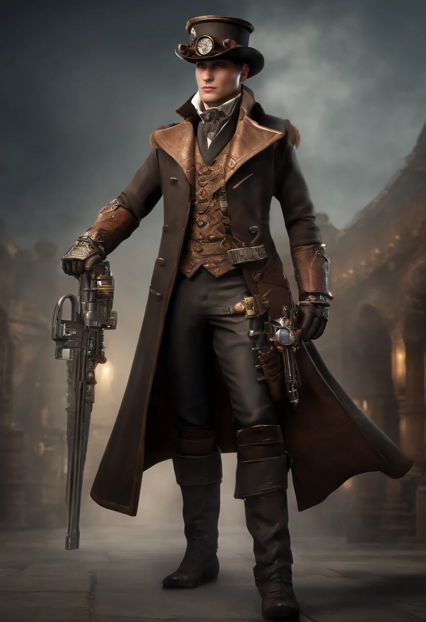 A steampunk character from Minecraft is standing in a clean, futuristic background. The character is visually detailed, with intricate designs and gears decorating their clothing and accessories. They have a confident pose, looking towards the viewers with piercing eyes and a determined expression. The character's face is highly detailed, with perfectly sculpted features including sharp cheekbones, a well-defined jawline, and expressive eyebrows. Their lips are also detailed, with a hint of a smile. The character's outfit showcases the steampunk aesthetic, with a mix of Victorian fashion and mechanical elements. It includes a tailored coat adorned with gears and goggles, and a hat with intricate clockwork details. The character is holding a steampunk-inspired weapon, such as a modified, futuristic-looking rifle. The weapon is highly detailed, showcasing the gears and pistons that power it. The overall lighting in the scene is reminiscent of a studio setup, with soft, diffused light casting dramatic shadows. The colors are vibrant and saturated, adding visual interest to the image. The background is clean and minimal, allowing the character to take center stage. The image has a wide aspect ratio, with a 1920x1080 resolution, ensuring that every detail is captured in high definition. The quality of the image is exceptional, with sharp focus and realistic textures. The depth of field is used to create a sense of depth and dimension, with the character in sharp focus and the background becoming gradually blurrier. This creates a visually pleasing bokeh effect.