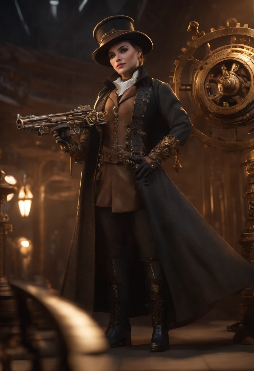 A steampunk character from Minecraft is standing in a clean, futuristic background. The character is visually detailed, with intricate designs and gears decorating their clothing and accessories. They have a confident pose, looking towards the viewers with piercing eyes and a determined expression. The character's face is highly detailed, with perfectly sculpted features including sharp cheekbones, a well-defined jawline, and expressive eyebrows. Their lips are also detailed, with a hint of a smile. The character's outfit showcases the steampunk aesthetic, with a mix of Victorian fashion and mechanical elements. It includes a tailored coat adorned with gears and goggles, and a hat with intricate clockwork details. The character is holding a steampunk-inspired weapon, such as a modified, futuristic-looking rifle. The weapon is highly detailed, showcasing the gears and pistons that power it. The overall lighting in the scene is reminiscent of a studio setup, with soft, diffused light casting dramatic shadows. The colors are vibrant and saturated, adding visual interest to the image. The background is clean and minimal, allowing the character to take center stage. The image has a wide aspect ratio, with a 1920x1080 resolution, ensuring that every detail is captured in high definition. The quality of the image is exceptional, with sharp focus and realistic textures. The depth of field is used to create a sense of depth and dimension, with the character in sharp focus and the background becoming gradually blurrier. This creates a visually pleasing bokeh effect.