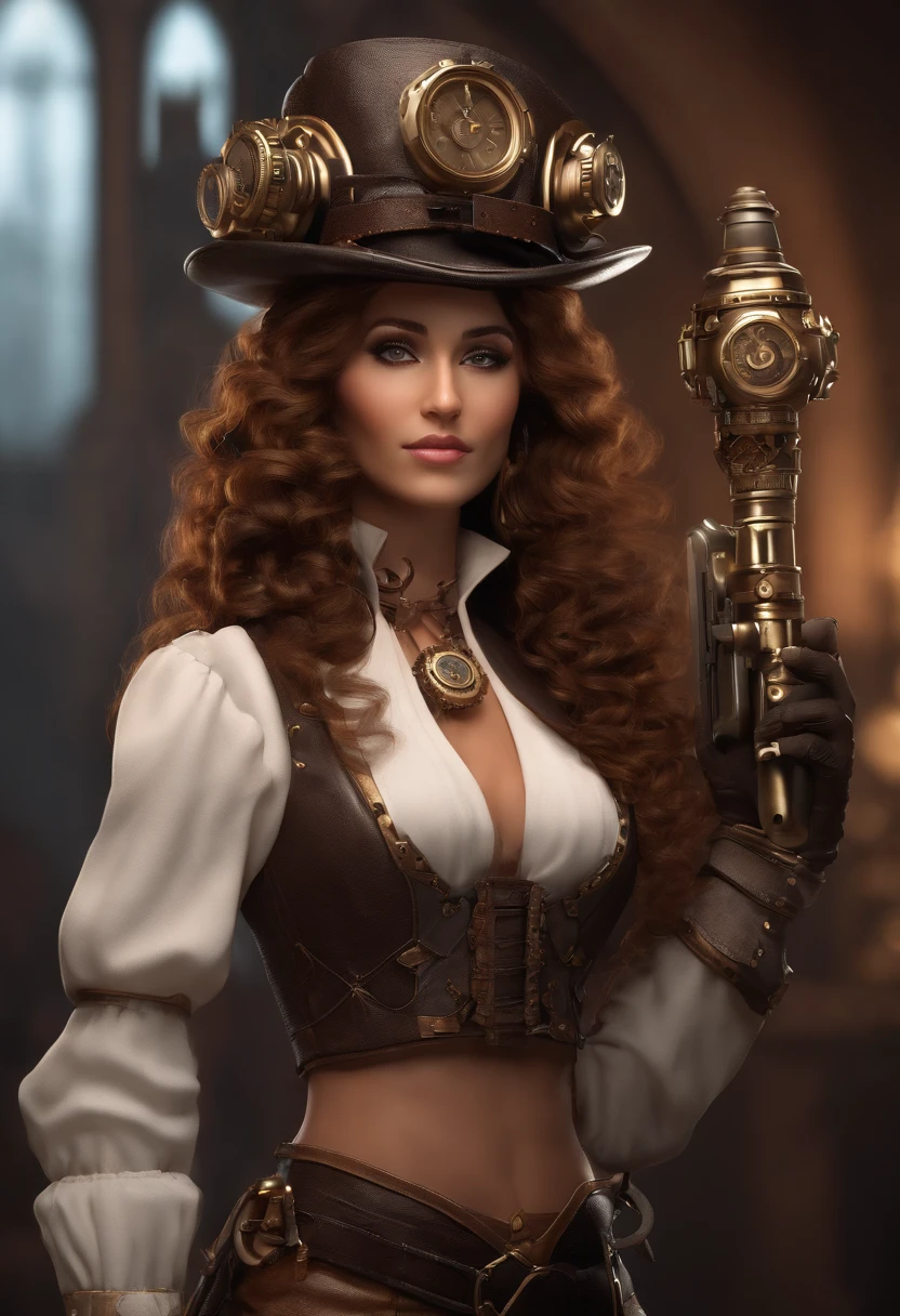 A steampunk character from Minecraft is standing in a clean, futuristic background. The character is visually detailed, with intricate designs and gears decorating their clothing and accessories. They have a confident pose, looking towards the viewers with piercing eyes and a determined expression. The character's face is highly detailed, with perfectly sculpted features including sharp cheekbones, a well-defined jawline, and expressive eyebrows. Their lips are also detailed, with a hint of a smile. The character's outfit showcases the steampunk aesthetic, with a mix of Victorian fashion and mechanical elements. It includes a tailored coat adorned with gears and goggles, and a hat with intricate clockwork details. The character is holding a steampunk-inspired weapon, such as a modified, futuristic-looking rifle. The weapon is highly detailed, showcasing the gears and pistons that power it. The overall lighting in the scene is reminiscent of a studio setup, with soft, diffused light casting dramatic shadows. The colors are vibrant and saturated, adding visual interest to the image. The background is clean and minimal, allowing the character to take center stage. The image has a wide aspect ratio, with a 1920x1080 resolution, ensuring that every detail is captured in high definition. The quality of the image is exceptional, with sharp focus and realistic textures. The depth of field is used to create a sense of depth and dimension, with the character in sharp focus and the background becoming gradually blurrier. This creates a visually pleasing bokeh effect.