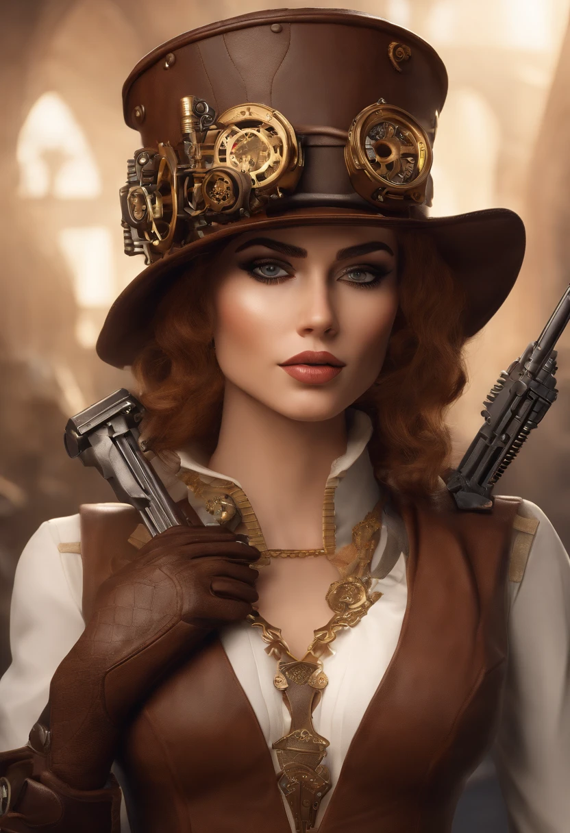 A steampunk character from Minecraft is standing in a clean, futuristic background. The character is visually detailed, with intricate designs and gears decorating their clothing and accessories. They have a confident pose, looking towards the viewers with piercing eyes and a determined expression. The character's face is highly detailed, with perfectly sculpted features including sharp cheekbones, a well-defined jawline, and expressive eyebrows. Their lips are also detailed, with a hint of a smile. The character's outfit showcases the steampunk aesthetic, with a mix of Victorian fashion and mechanical elements. It includes a tailored coat adorned with gears and goggles, and a hat with intricate clockwork details. The character is holding a steampunk-inspired weapon, such as a modified, futuristic-looking rifle. The weapon is highly detailed, showcasing the gears and pistons that power it. The overall lighting in the scene is reminiscent of a studio setup, with soft, diffused light casting dramatic shadows. The colors are vibrant and saturated, adding visual interest to the image. The background is clean and minimal, allowing the character to take center stage. The image has a wide aspect ratio, with a 1920x1080 resolution, ensuring that every detail is captured in high definition. The quality of the image is exceptional, with sharp focus and realistic textures. The depth of field is used to create a sense of depth and dimension, with the character in sharp focus and the background becoming gradually blurrier. This creates a visually pleasing bokeh effect.