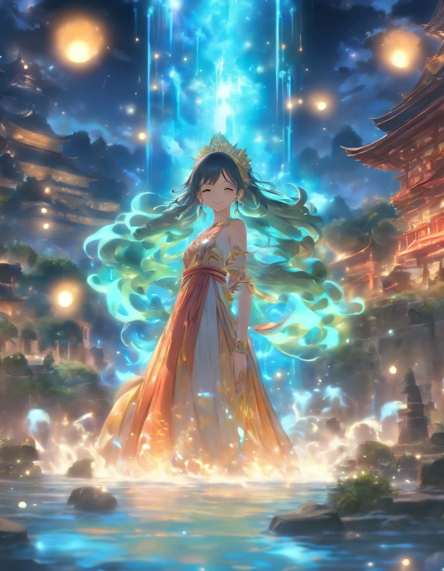 (masutepiece, Best Quality), 1girll(Athena_Asamiya Palace), Dresses in many colors, length hair, Sitting, Beautiful outdoor background, Night, forest，Highly detailed surreal VFX，spherical body、Revolutions、water ink，inky，Smudge，中景 the scene is，super-fine，ultra - detailed，high quarity，8K ，a smile，The upper part of the body，OC rendering、Ruins、Unrealistic、fumo、Deities々Right