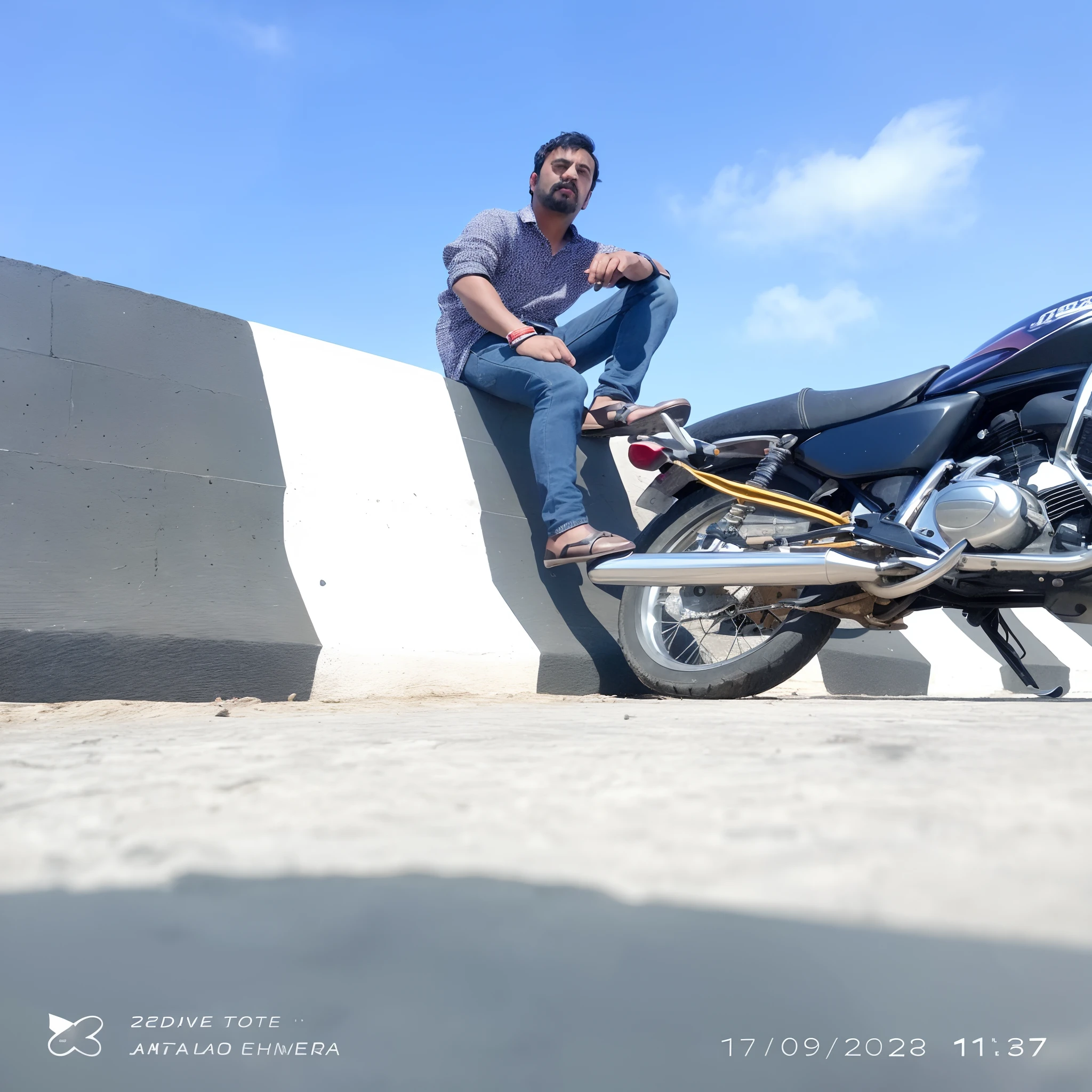 arafed man sitting on a motorcycle leaning against a wall, taken with sony alpha 9, taken with the best dlsr camera, very artistic pose, standing in road, extreme low angle long shot, shot on sony a 7, taken with sony a7r camera, !! low contrast!!, shot on gopro9, cool pose, shot on nikon z9