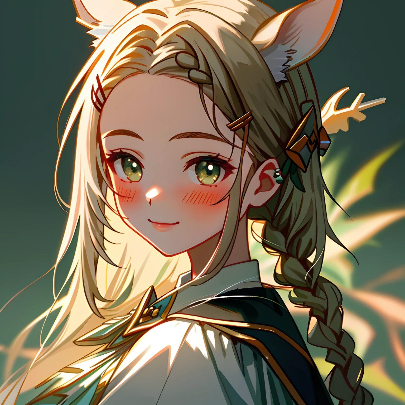 Best quality,Masterpiece, 1 girl, Solo, model shoot, Amazing, Alina, (((wears))), artemisia, deer ear, Look at the user, Smile, Blush, Hairpin,(( Braid)), Hair ornaments, ((hair pin)),adolable