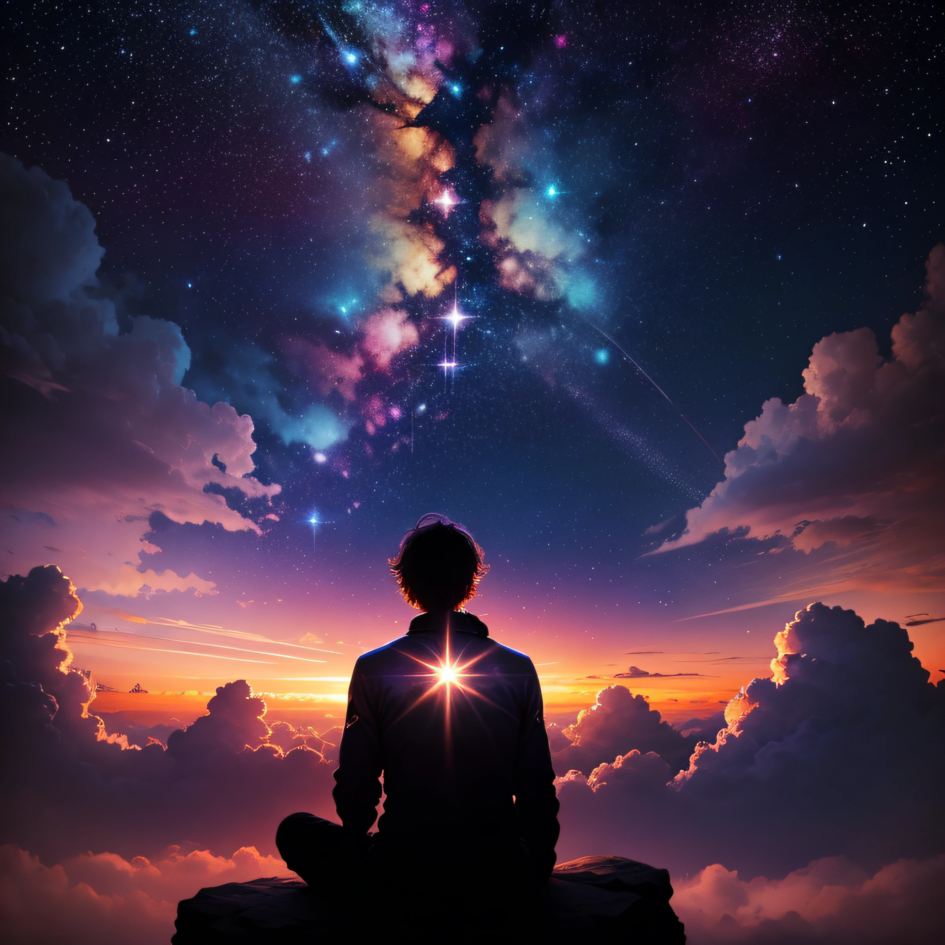 Colors, light, person silhouette, clouds, stars, transcendence, chill, meditation