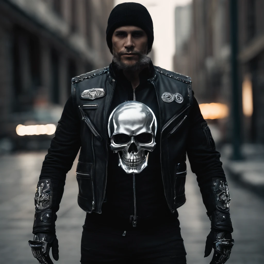 1 highly reflective Chrome skull headed male cyberpunk motorcycle gang member with LED lit cybernetic prosthetic arms housing retractable hidden weaponry and glowing white eyes, all black leather and motorcycle vest with embroidered skull motorcycle patch emblem embossed on back, ( Character Sheet, forehead, back, side, rear), Full Shot full body portrait character design schematic shot, highly reflective Chrome skull headed cyberpunk motorcycle gang member with glowing White eyes  with detailed led lit cybernetic arms visually holstering gadgets wearing all black leather and motorcycle vest with embroidered skull motorcycle patch embossed on the back. insanely detailed matte painting with rough strokes and textures, Stephen Gammell, Pino Daheny, Jeremy Mann, Alex Maleev, Carne_Griffiths, 16k resolution, oil on canvas, fine art, super efficient light, crisp focus, graininess, approaching perfection, a million details, Max quality. (masterpiece: 1.2), (best quality: 1.3).