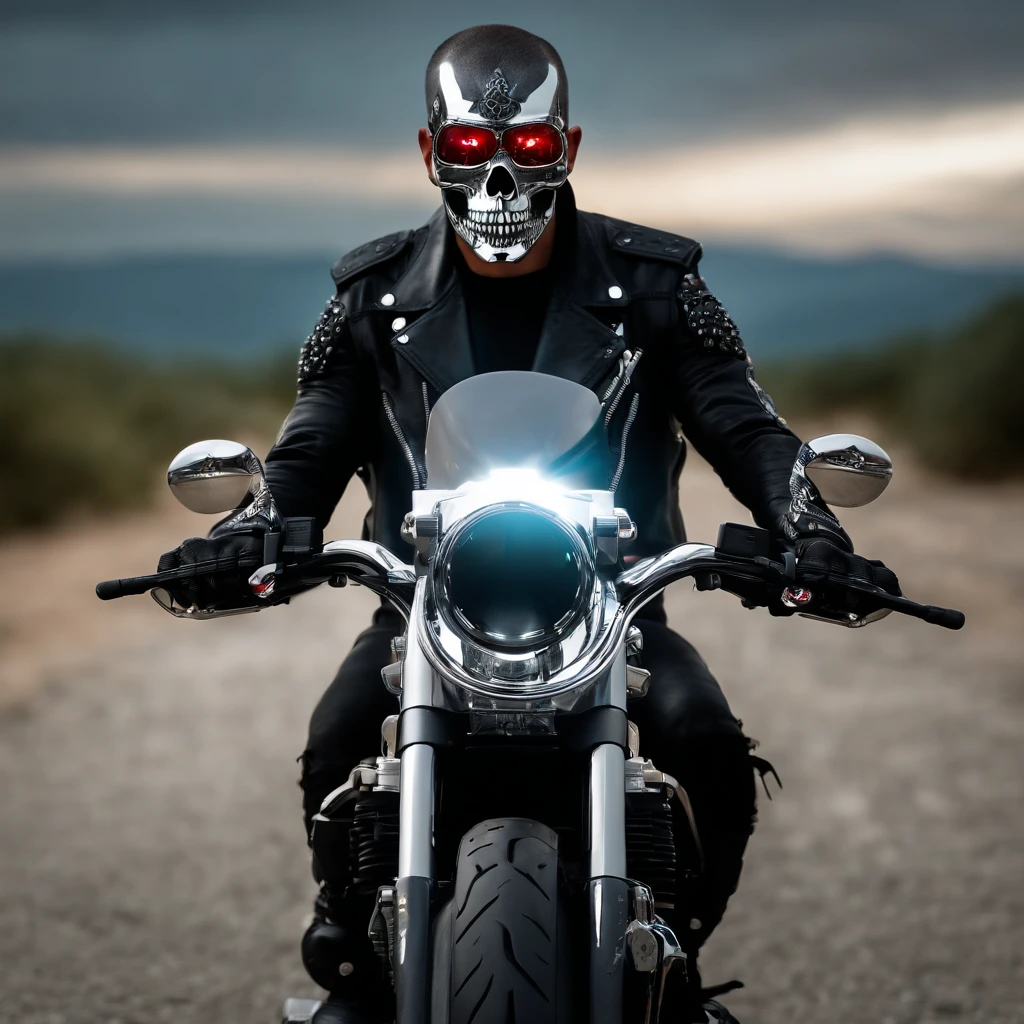 1 highly reflective Chrome skull headed male cyberpunk motorcycle gang member with LED lit cybernetic prosthetic arms housing retractable hidden weaponry and glowing white eyes, all black leather and motorcycle vest with embroidered skull motorcycle patch emblem embossed on back, ( Character Sheet, forehead, back, side, rear), Full Shot full body portrait character design schematic shot, highly reflective Chrome skull headed cyberpunk motorcycle gang member with glowing White eyes with detailed led lit cybernetic arms visually holstering gadgets wearing all black leather and motorcycle vest with embroidered skull motorcycle patch embossed on the back. insanely detailed matte painting with rough strokes and textures, Stephen Gammell, Pino Daheny, Jeremy Mann, Alex Maleev, Carne_Griffiths, 16k resolution, oil on canvas, fine art, super efficient light, crisp focus, graininess, approaching perfection, a million details, Max quality. (masterpiece: 1.2), (best quality: 1.3).