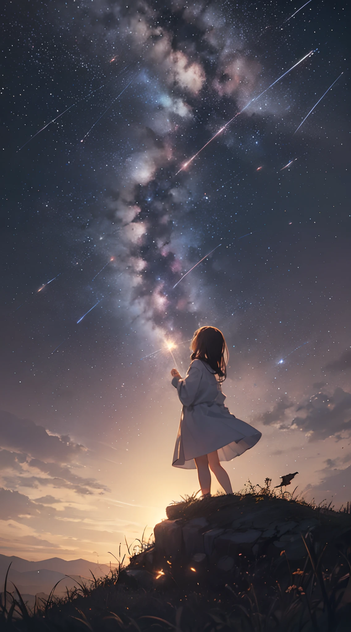 Vast landscape photos, Little girl standing on the prairie looking up at the sky, shooting stars, fireflys, Dreams, 8K Super Clear,