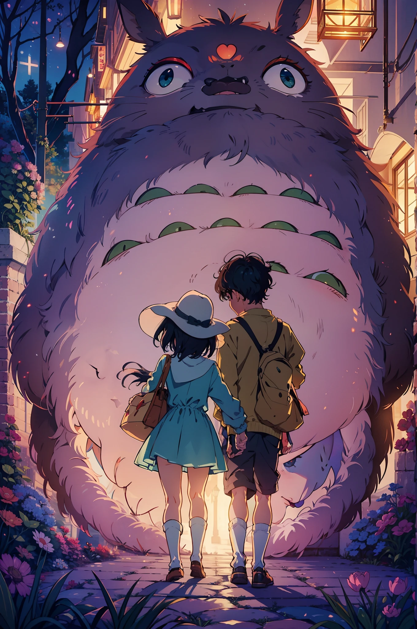 hombre y mujer abrazando a una criatura peluda ghibli, cielo nocturno, en la noche, oscuriodad iluminado por farolillos, detalladas luces de farolillos en la nocheReal anime costume design, Viaje de Chihiro, Totoro. detallado, colorido.