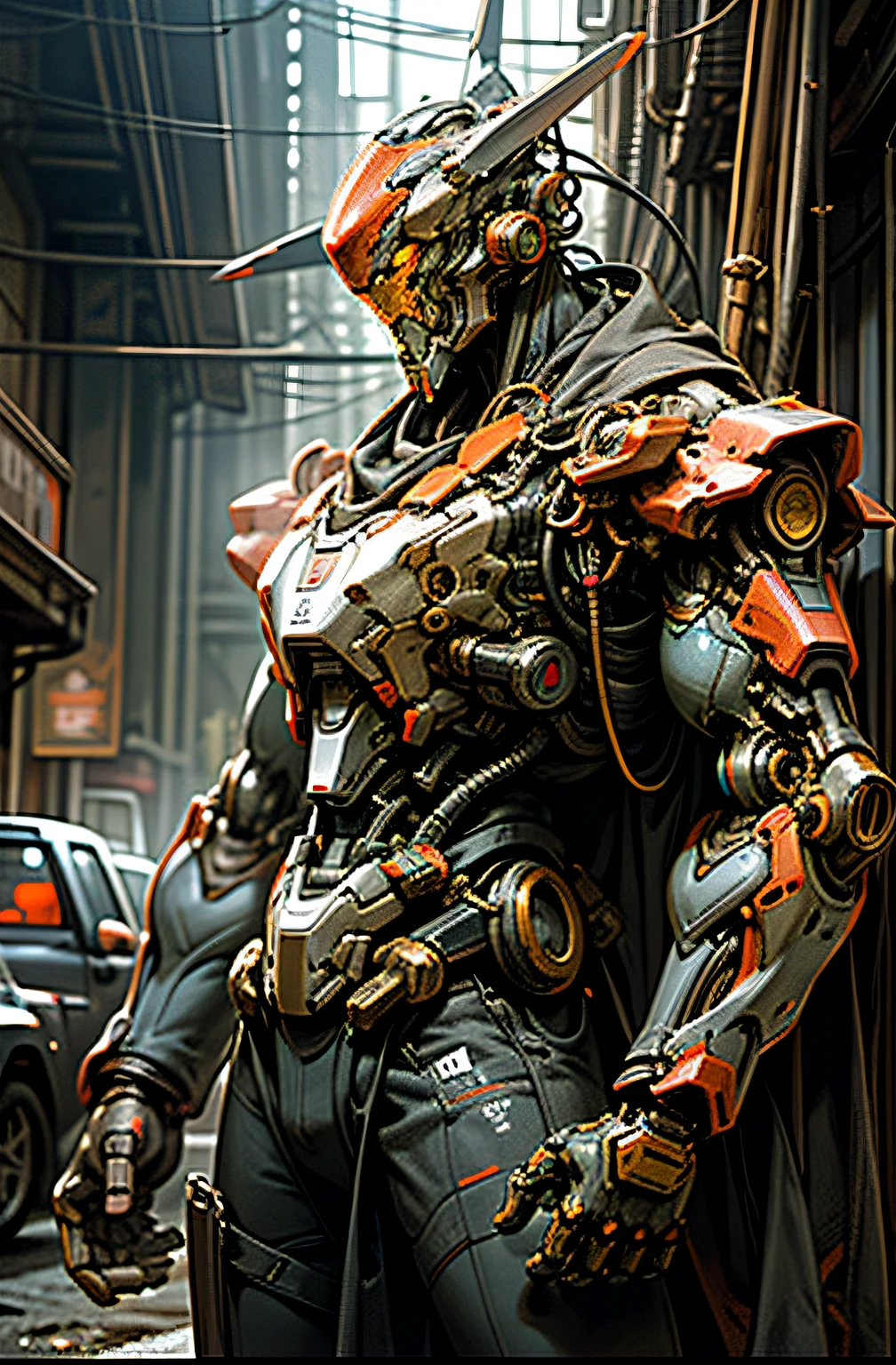 Dark_Fantasy,Cyberpunk,(chain saw,chain saw man,Red:1.1),1man,Mechanical marvel,Robotic presence,Cybernetic guardian, wearing a worn-out mech suit, intricate, (steel metal [rusty]), elegant, clear focus, shot by greg rutkowski, soft lighting, vibrant colors, masterpiece, ((street)), cowboy shot, dynamic pose,